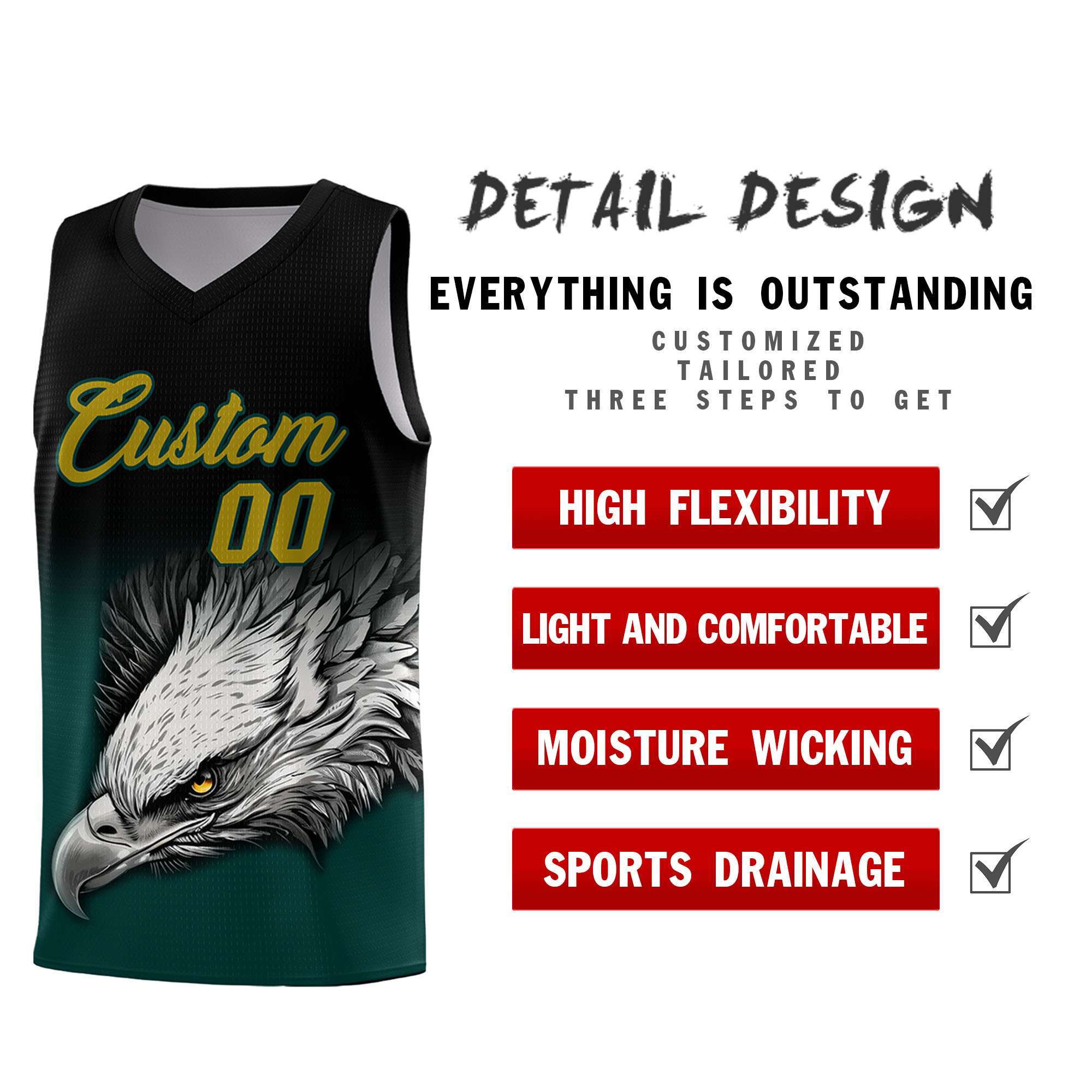 Custom Gray Black Basketball Kits with Eagle Pattern