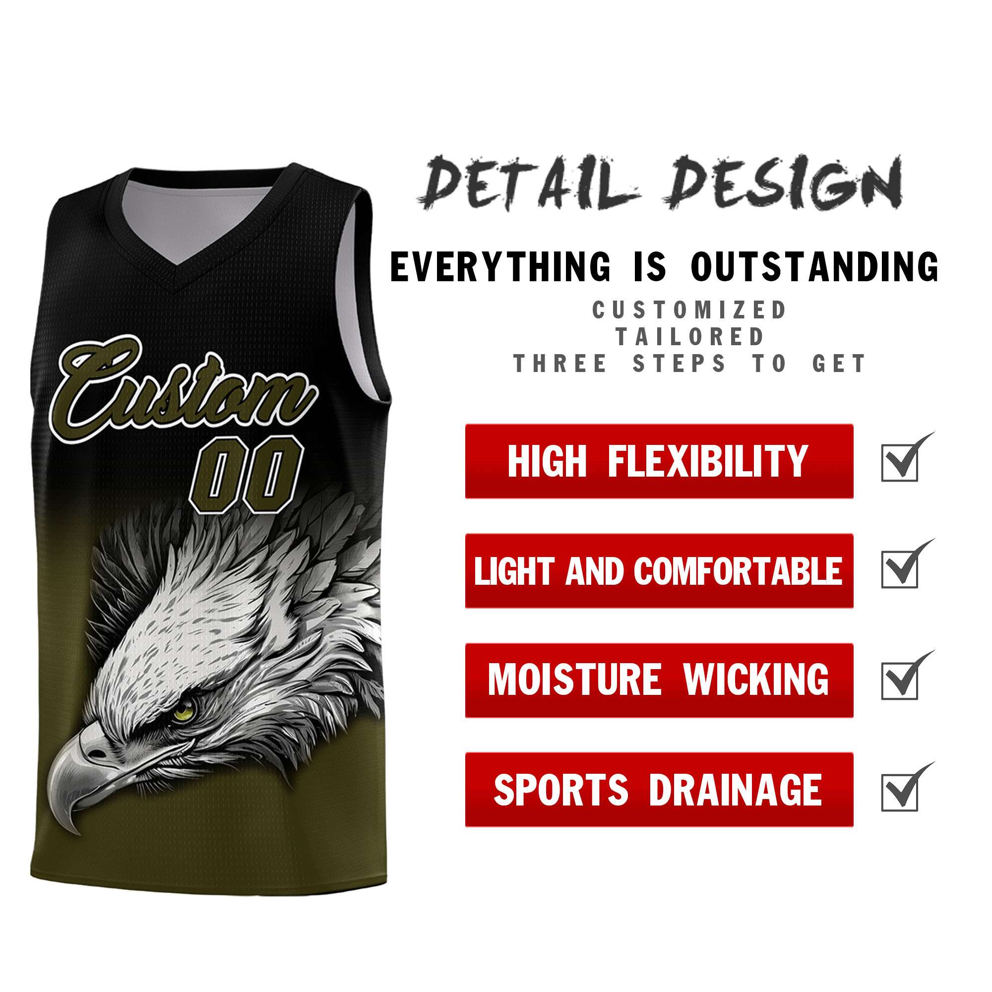 Custom Black Olive Basketball Kits with Eagle Pattern