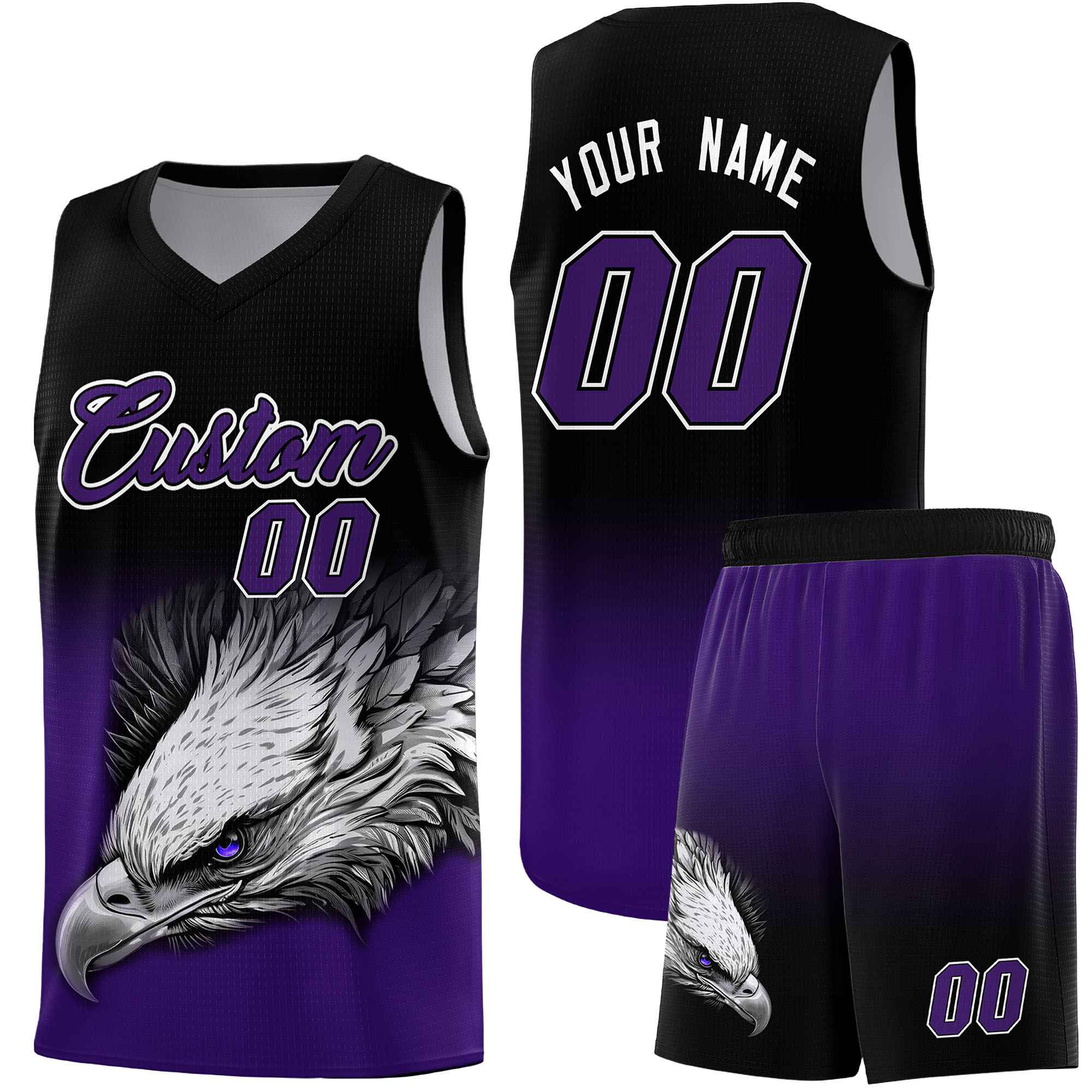 Custom Gray Purple Basketball Kits with Eagle Pattern