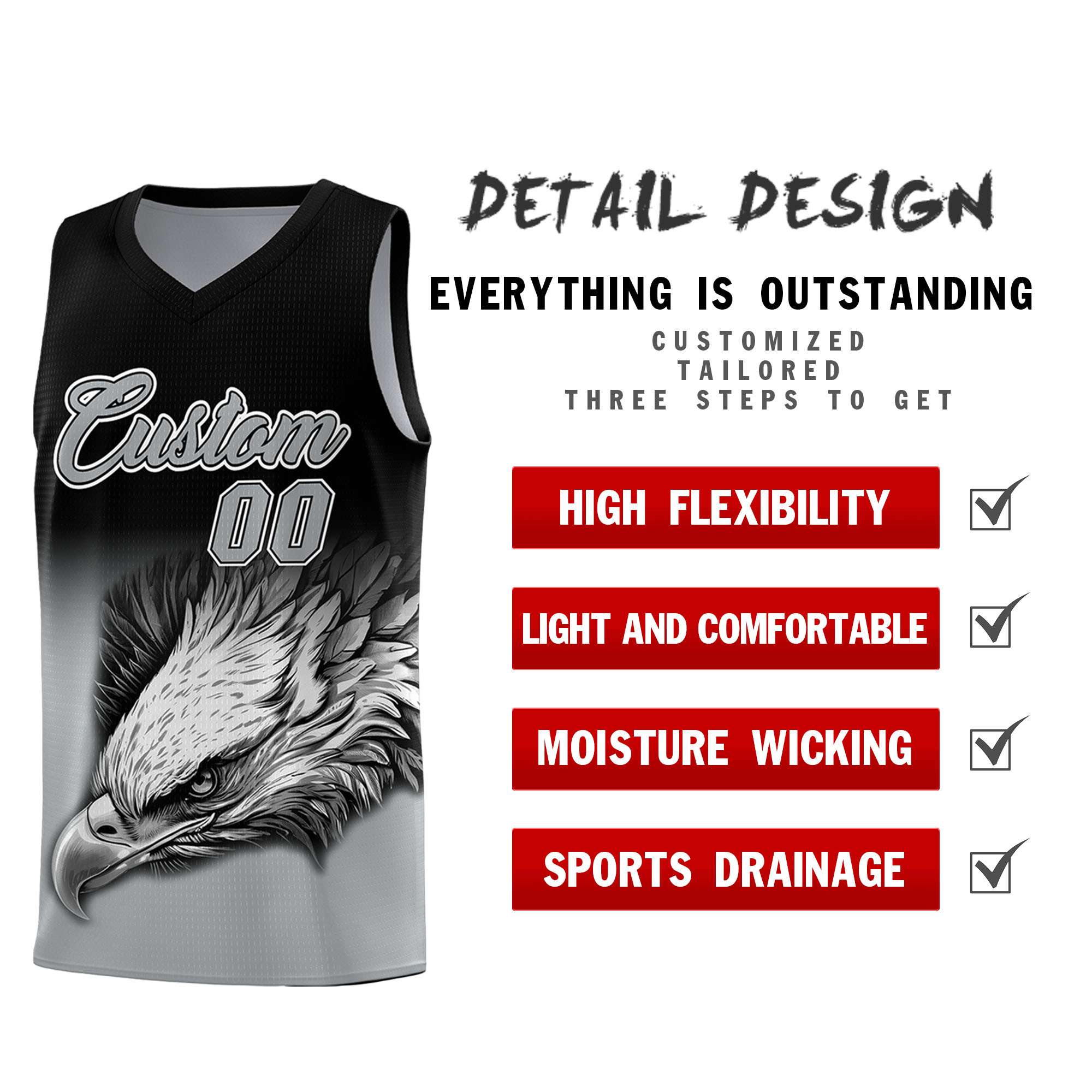 Custom Black Gray Basketball Kits with Eagle Pattern