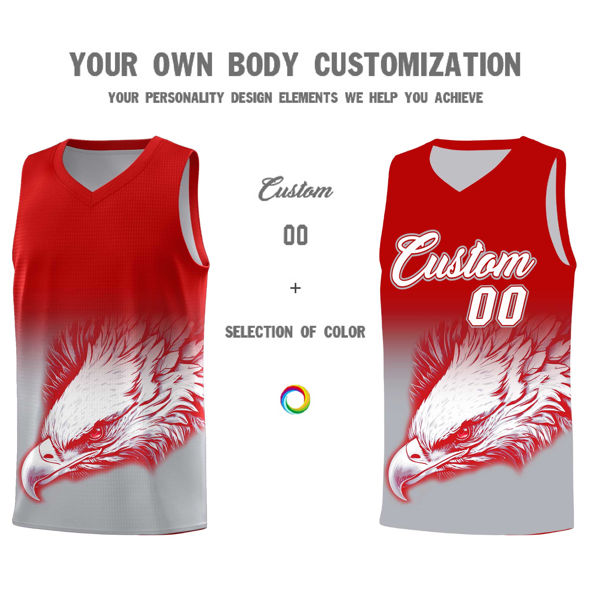 Custom Red Gray Basketball Kits with Eagle Pattern