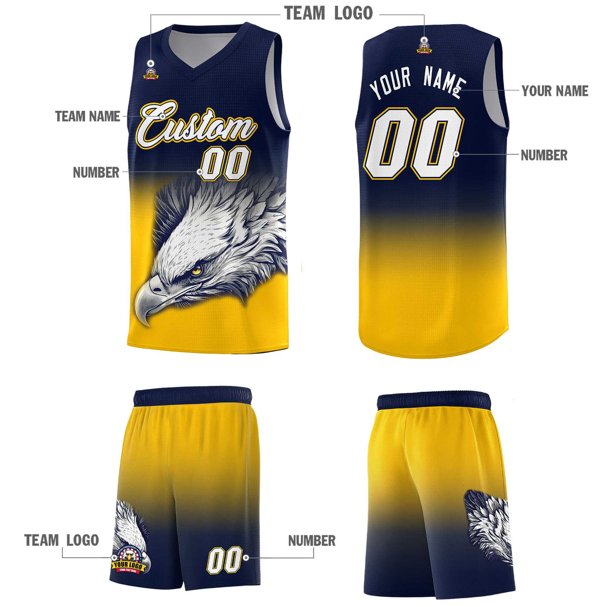 Custom Navy Orange Basketball Kits with Eagle Pattern