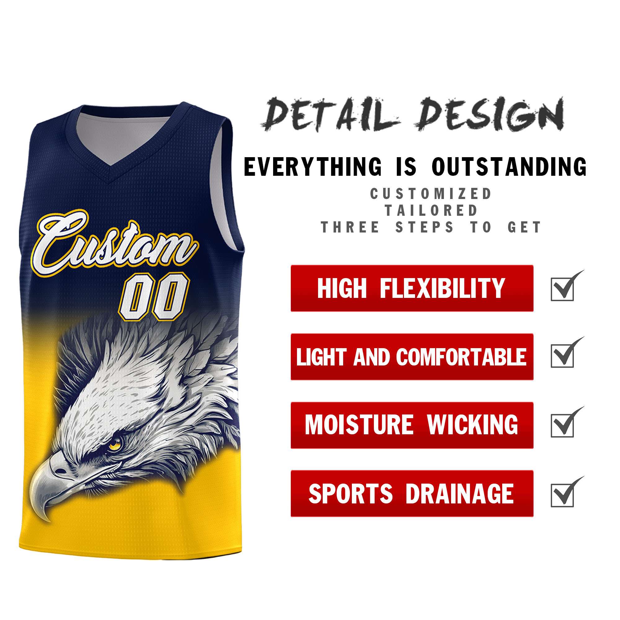 Custom Navy Orange Basketball Kits with Eagle Pattern