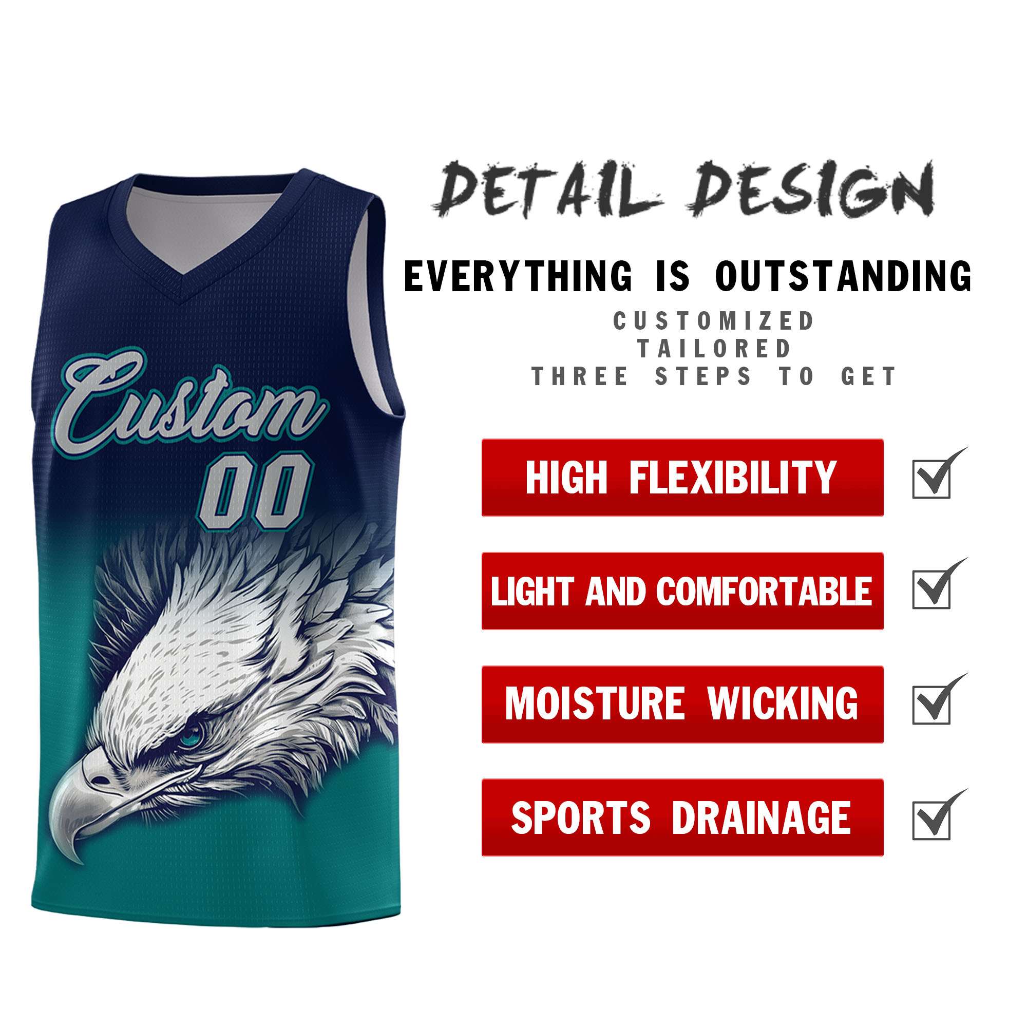 Custom Navy Teal Basketball Kits with Eagle Pattern