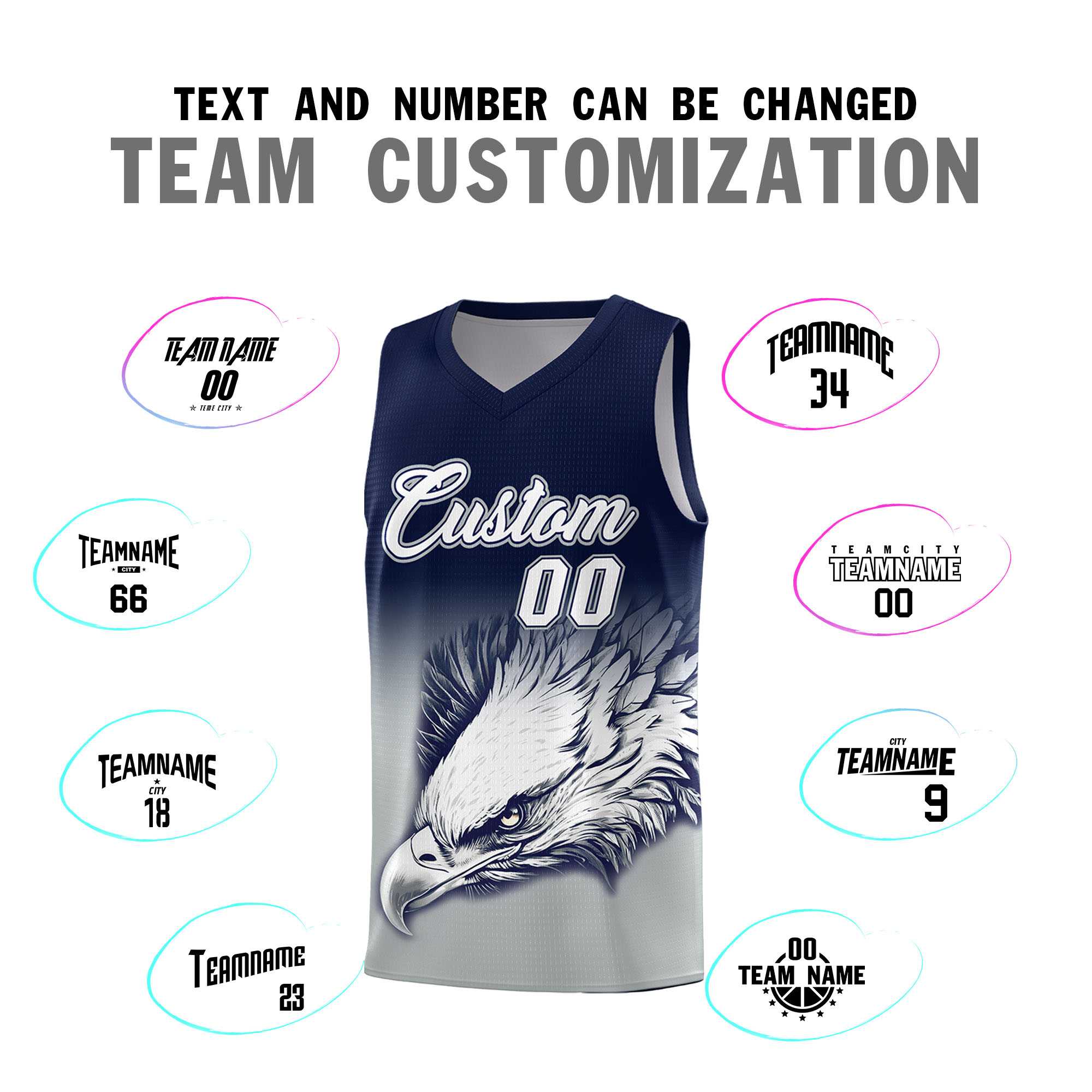 Custom Navy Gray Basketball Kits with Eagle Pattern