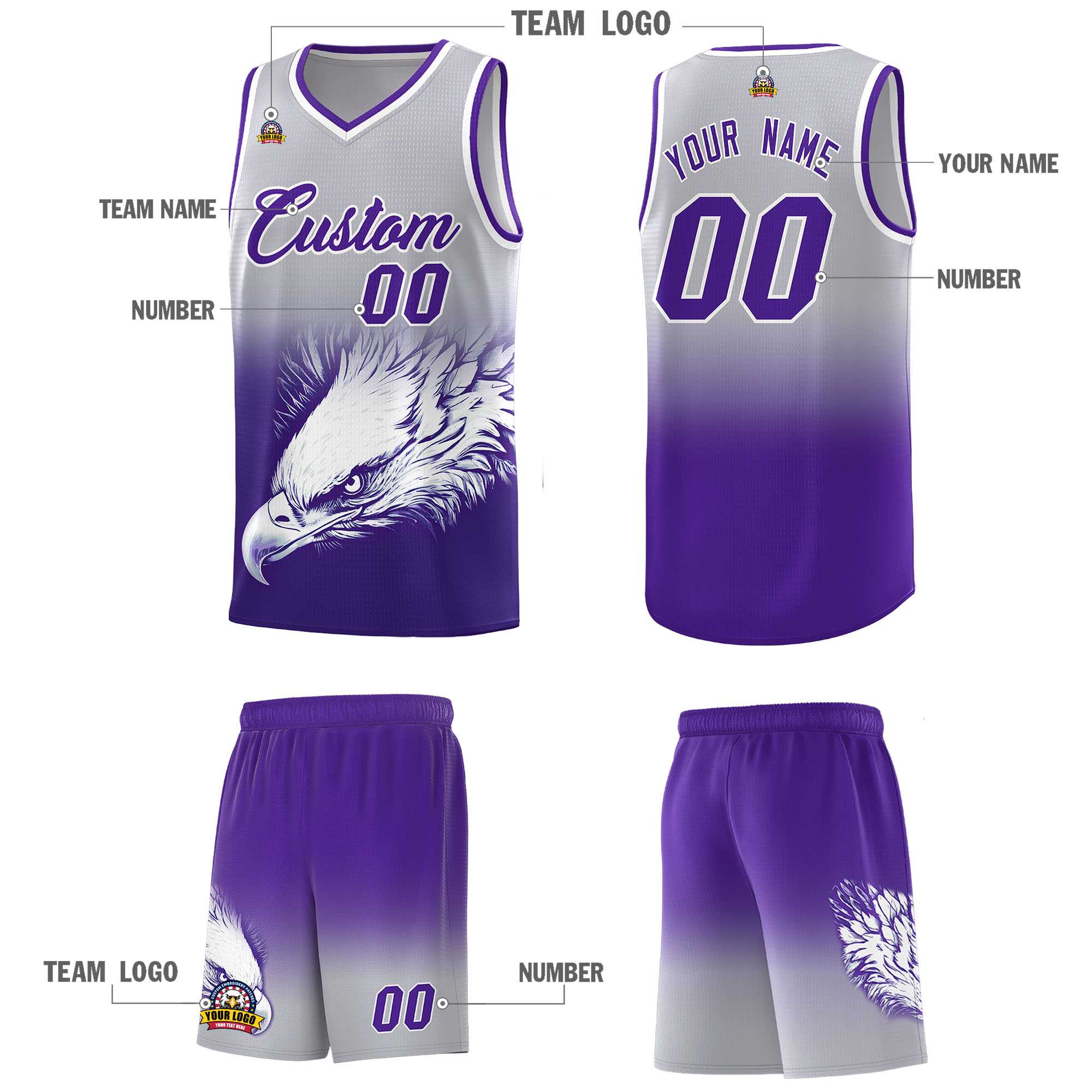 Custom Black Purple Basketball Kits with Eagle Pattern