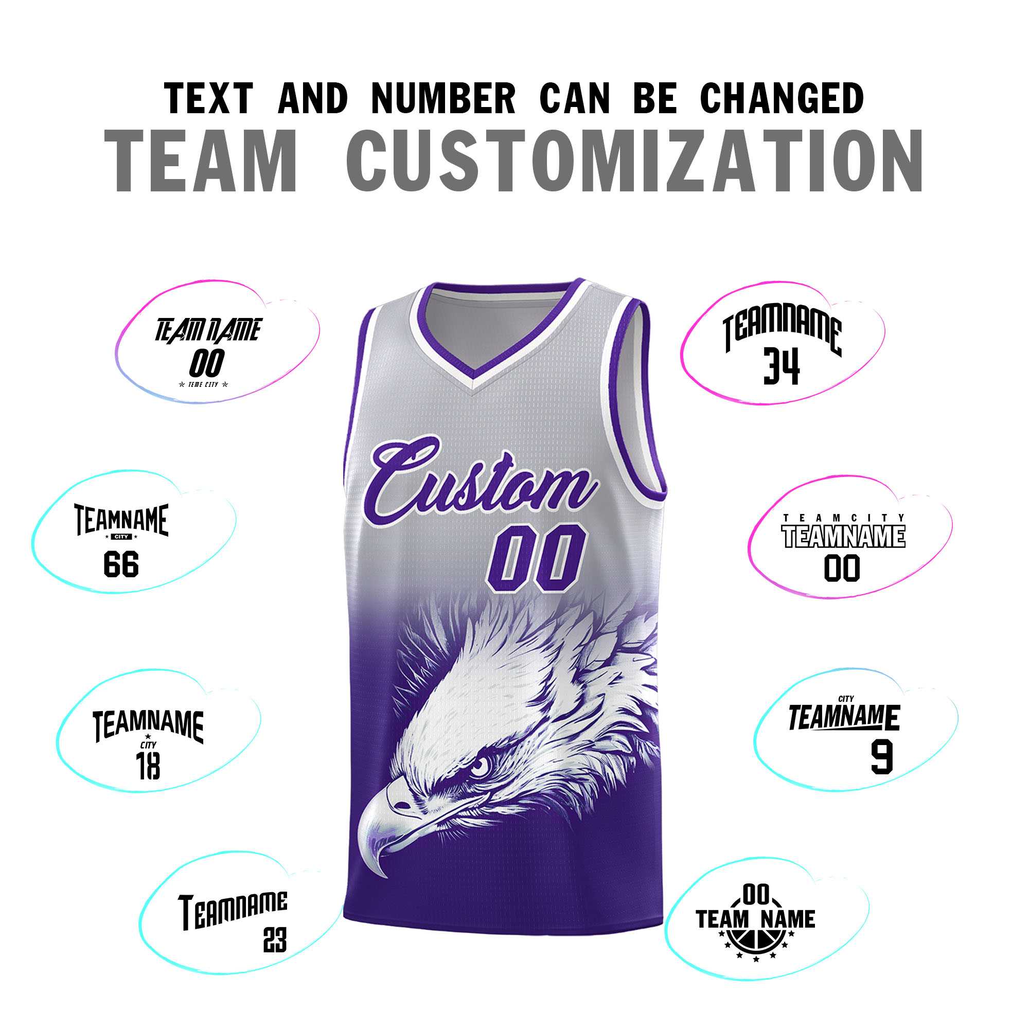 Custom Gray Purple Basketball Kits with Eagle Pattern