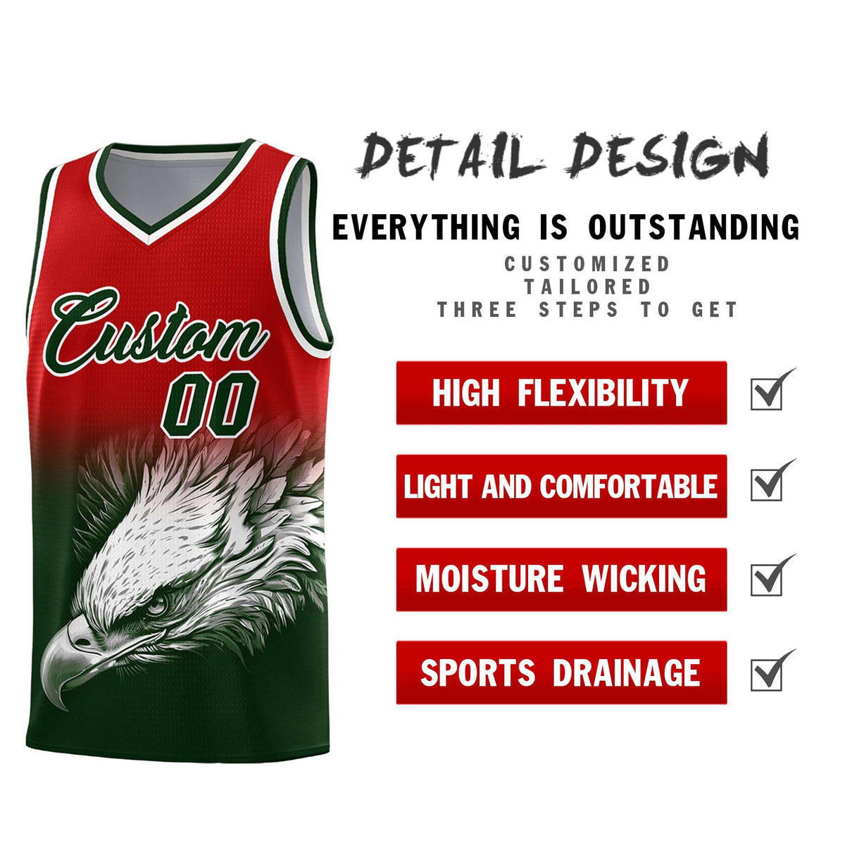Custom Black Red Basketball Kits with Eagle Pattern