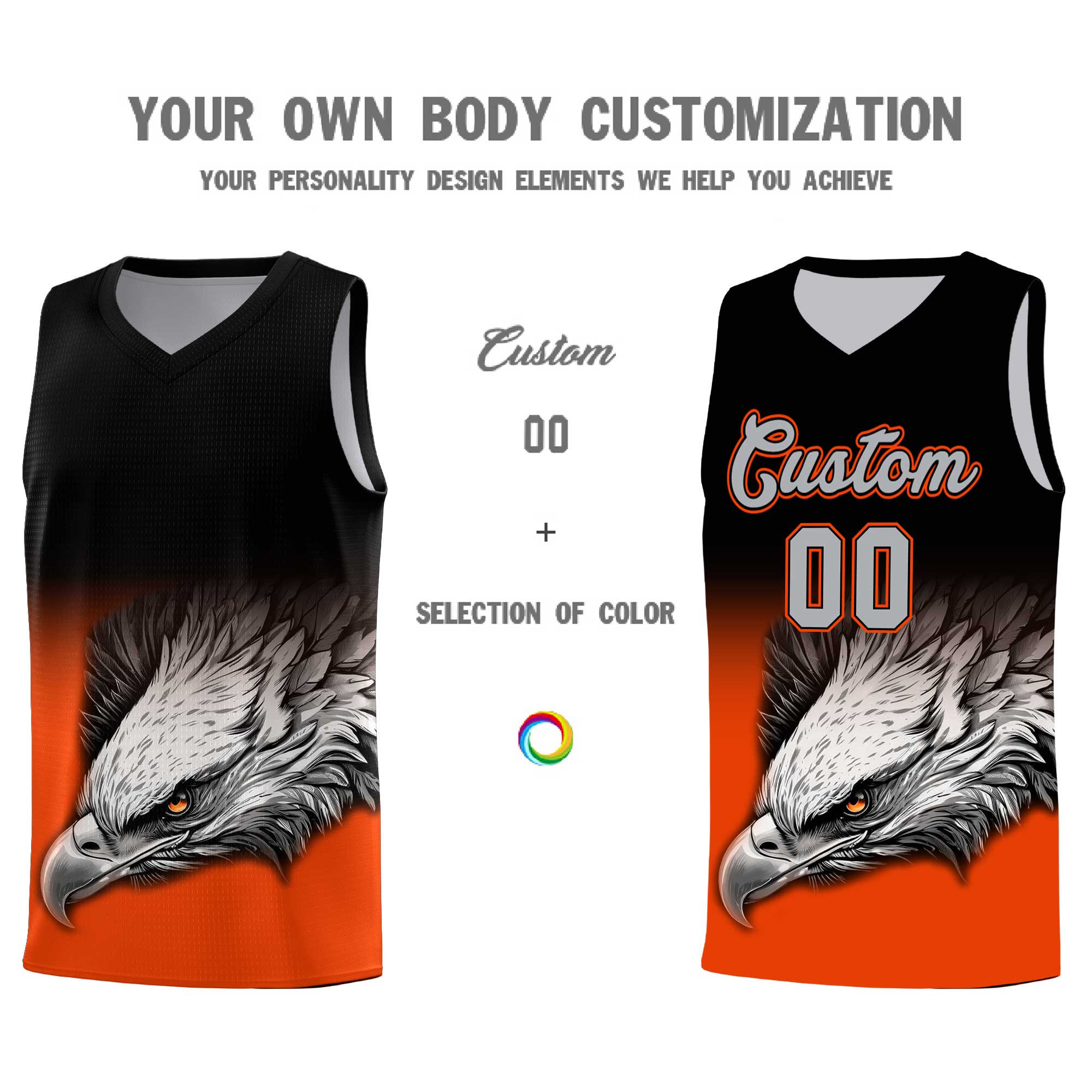 Custom Black Orange Basketball Kits with Eagle Pattern