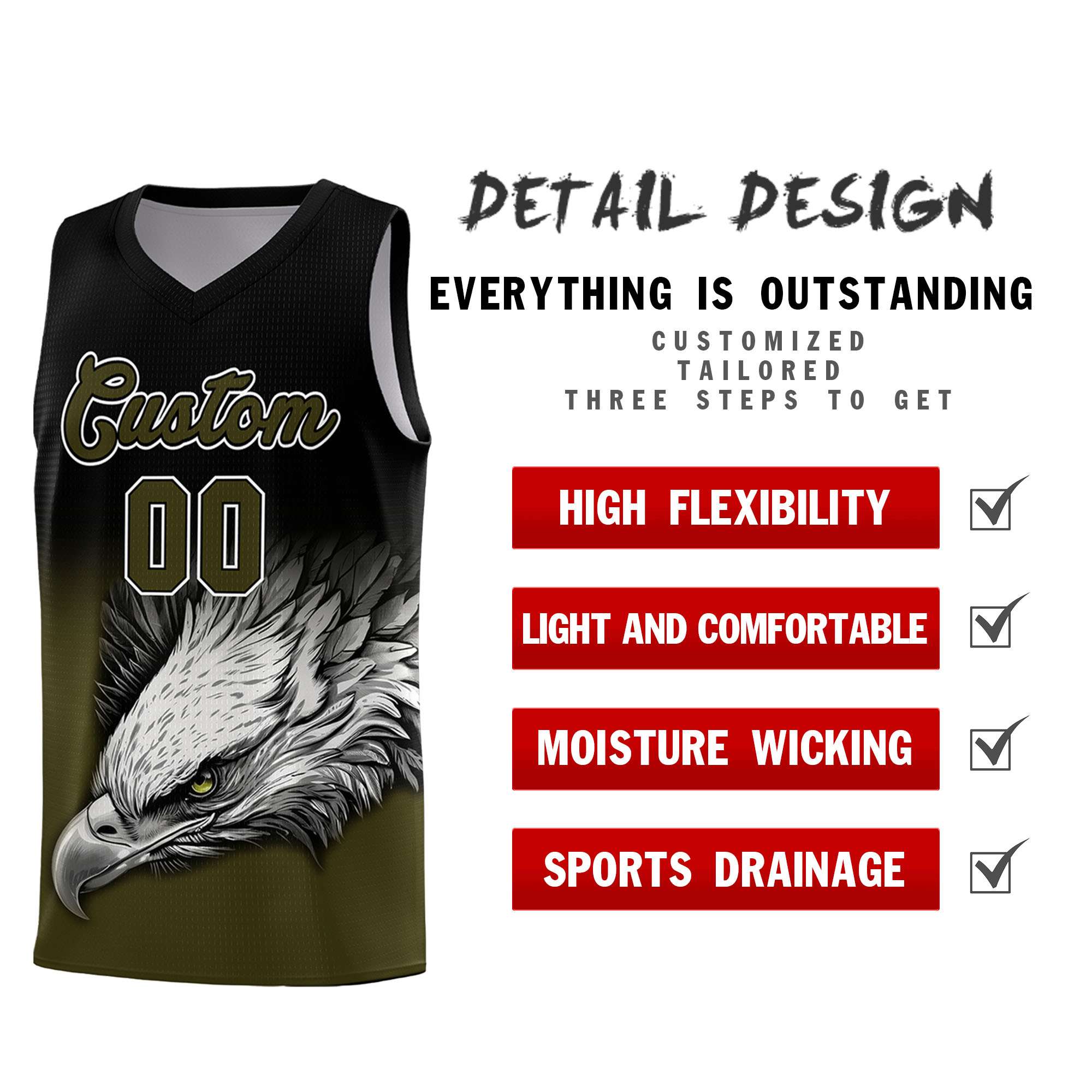 Custom Black Olive Basketball Kits with Eagle Pattern