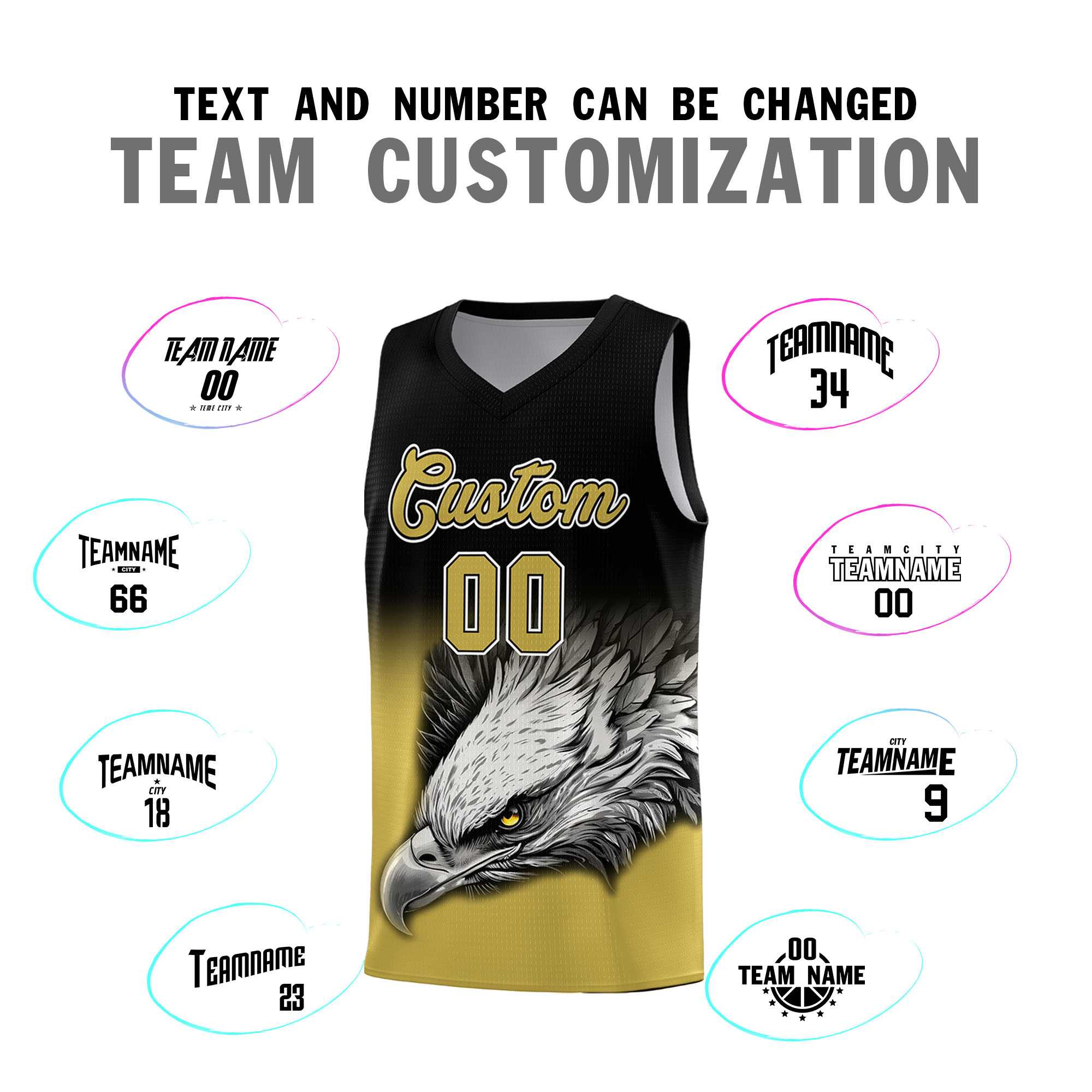Custom Black Old Gold Basketball Kits with Eagle Pattern