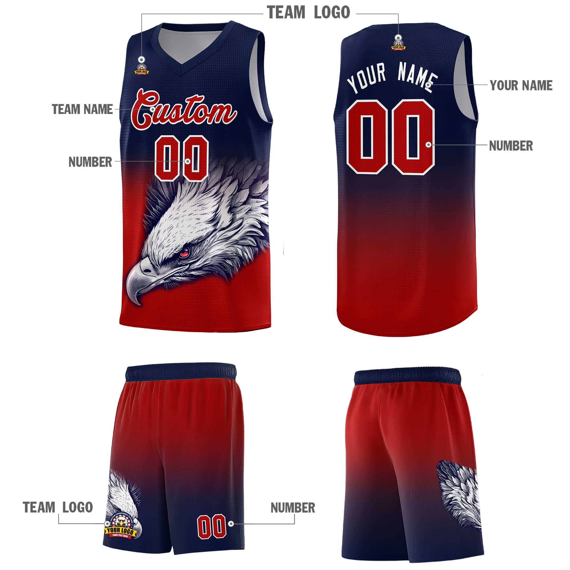 Custom Navy Red Basketball Kits with Eagle Pattern