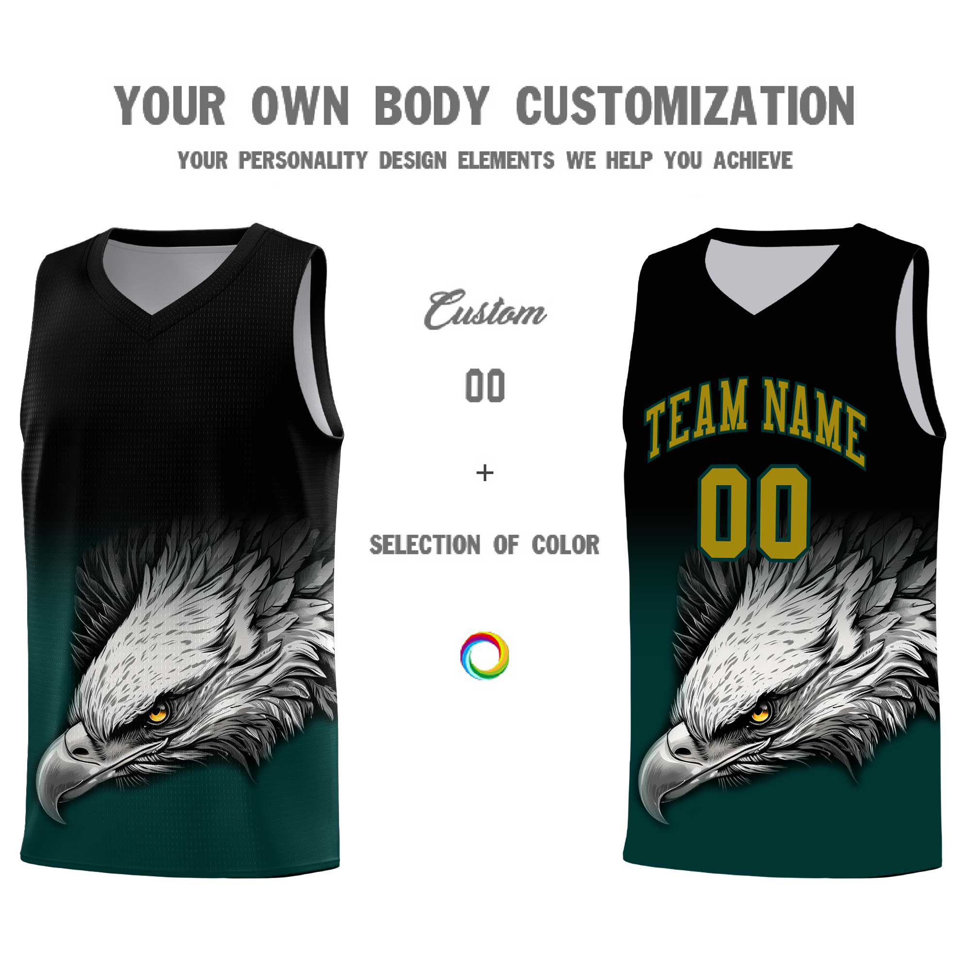 Custom Gray Black Basketball Kits with Eagle Pattern