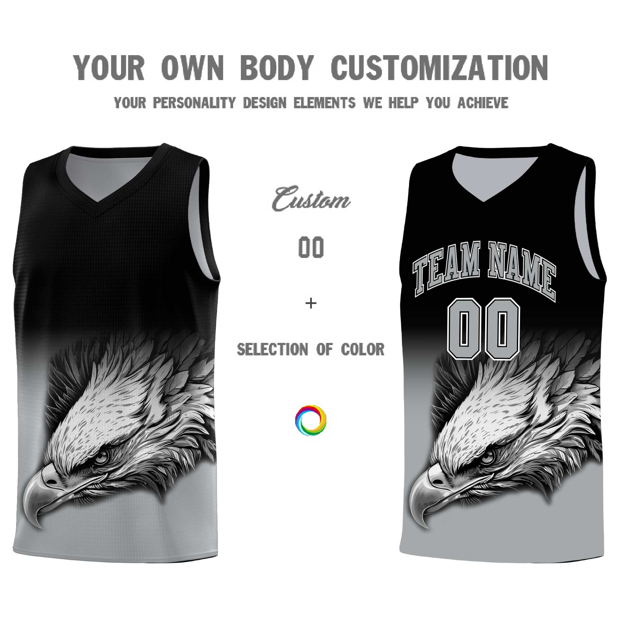 Custom Black Gray Basketball Kits with Eagle Pattern