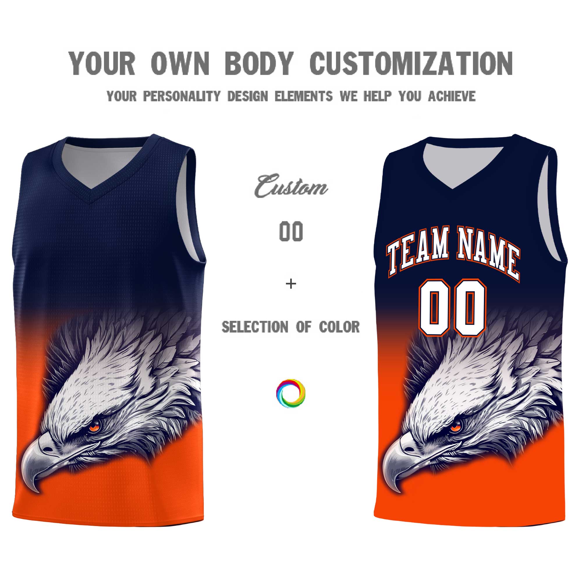 Custom Navy Orange Basketball Kits with Eagle Pattern