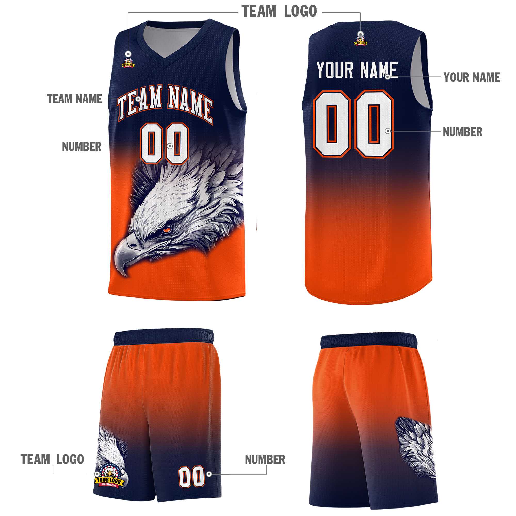 Custom Navy Orange Basketball Kits with Eagle Pattern