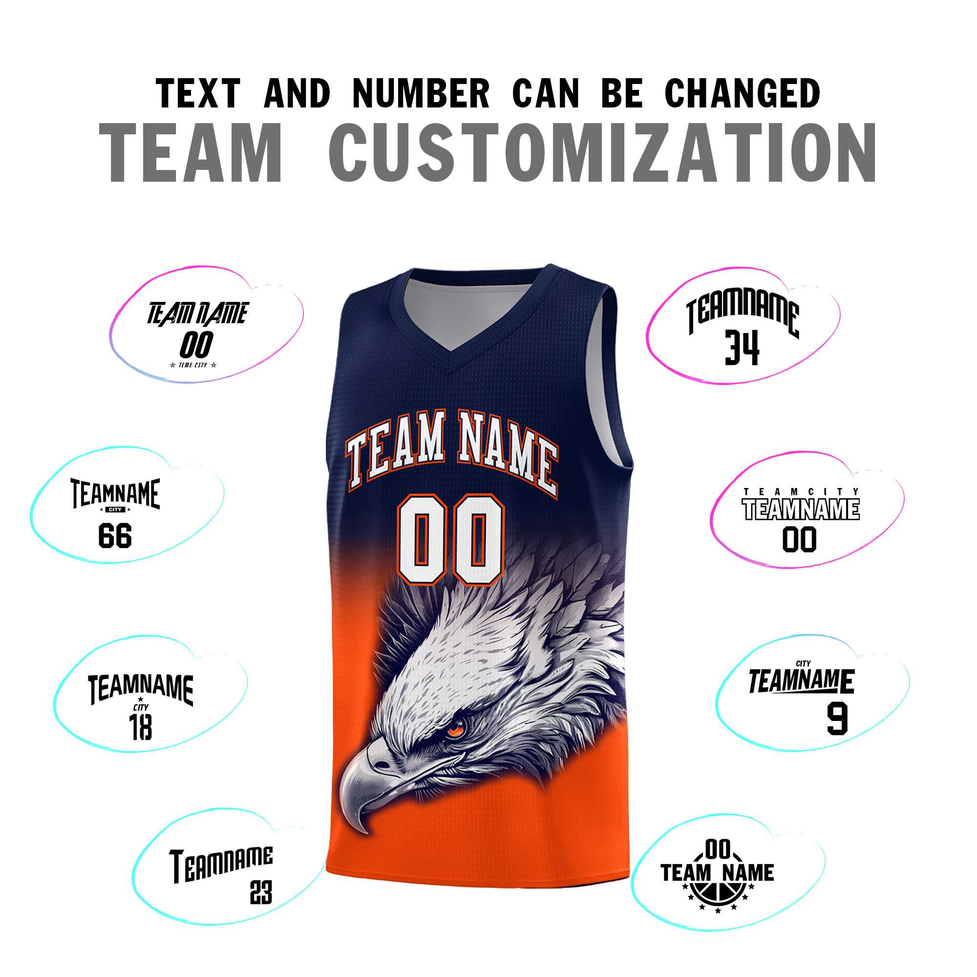 Custom Navy Orange Basketball Kits with Eagle Pattern