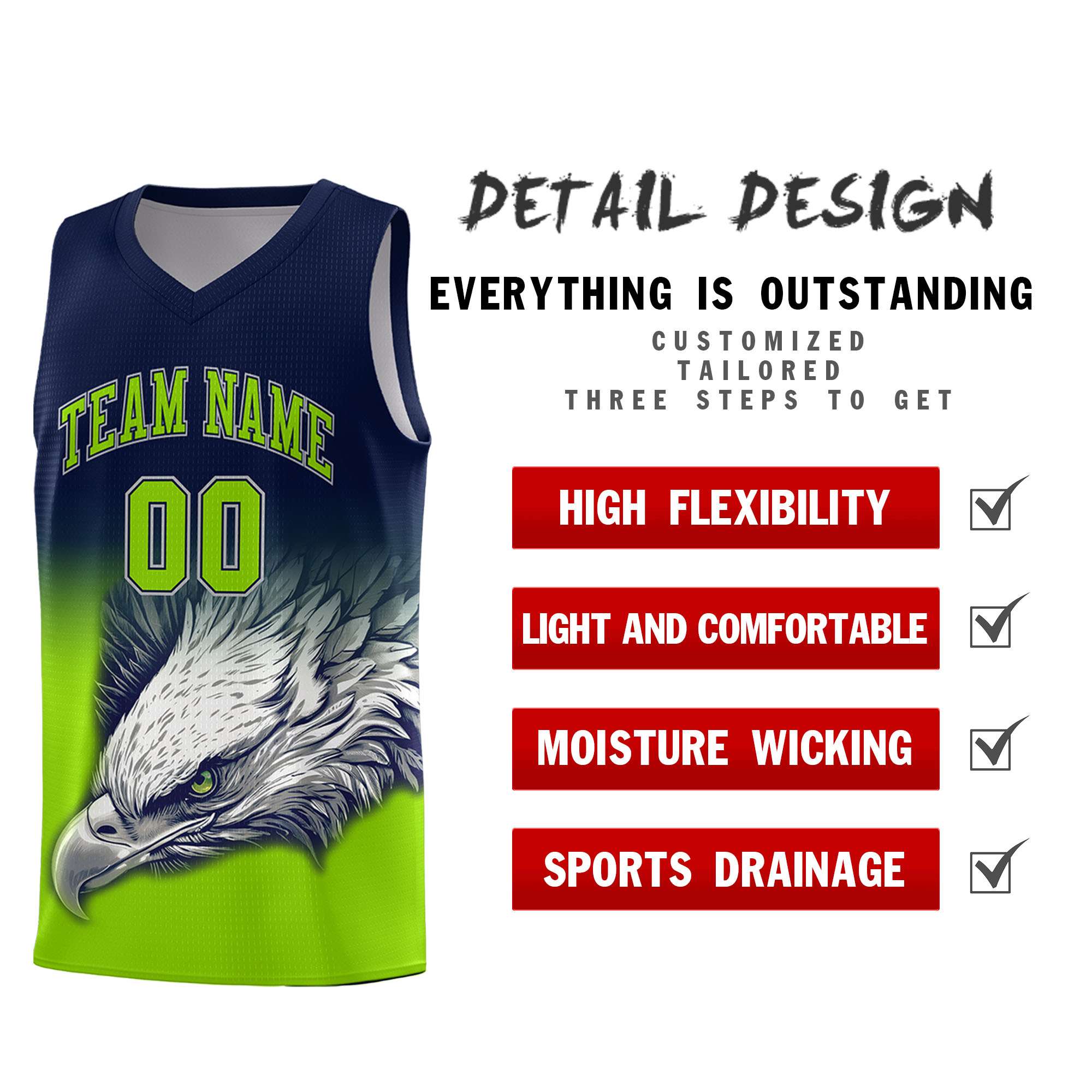 Custom Navy Neon Green Basketball Kits with Eagle Pattern