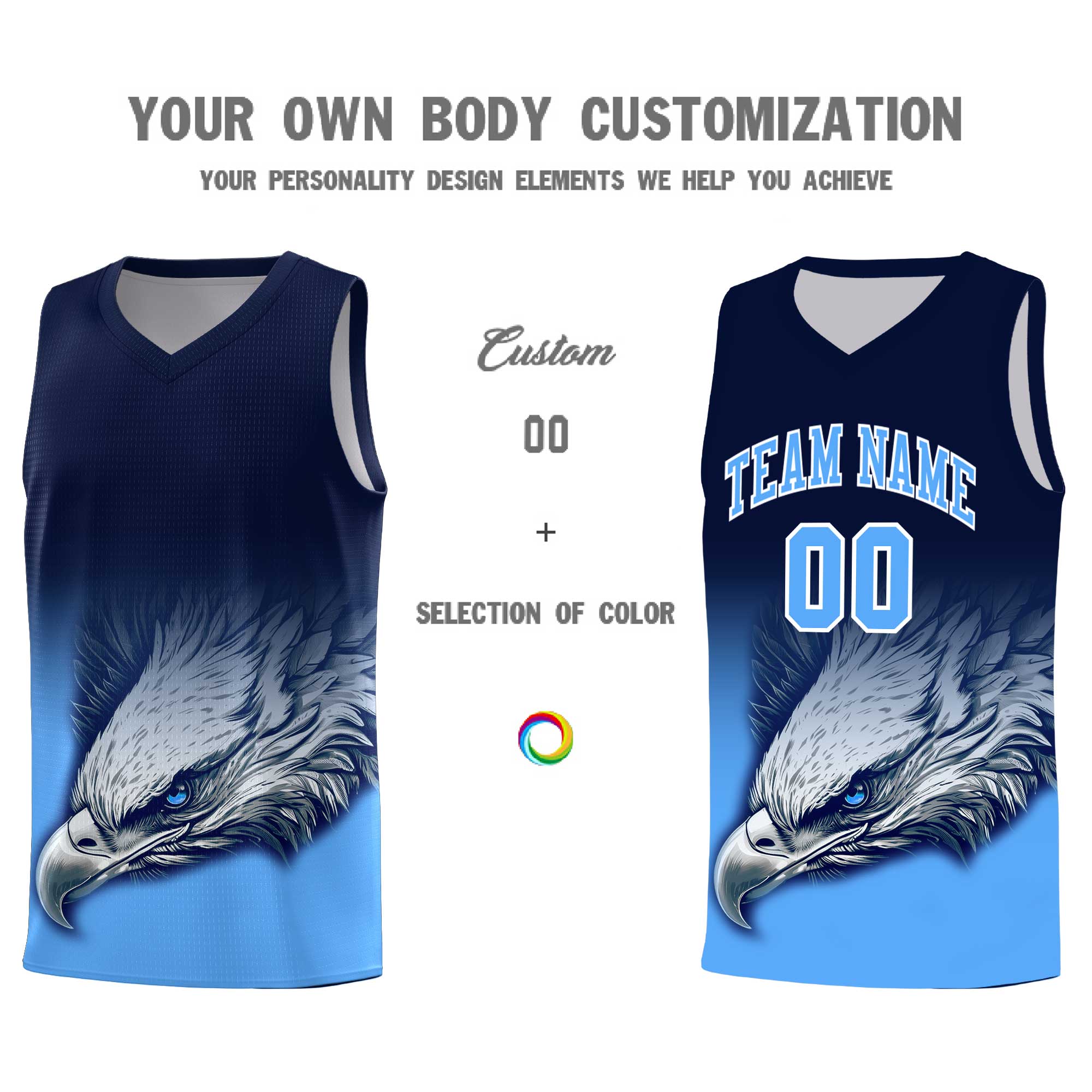 Custom Navy Powder Blue Basketball Kits with Eagle Pattern