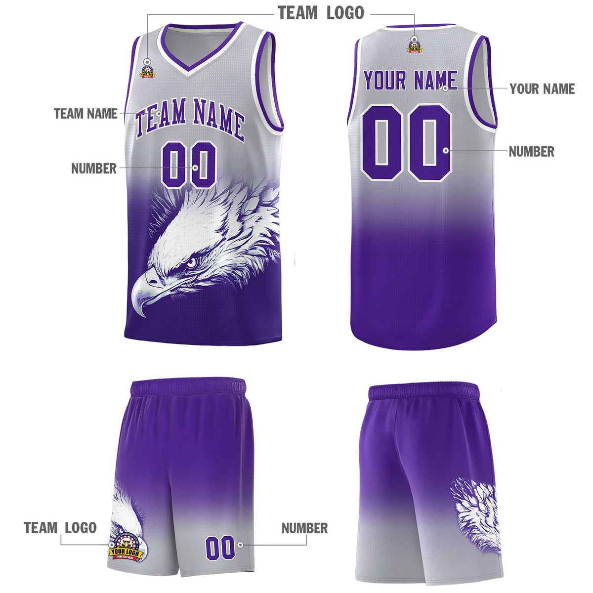Custom Black Purple Basketball Kits with Eagle Pattern