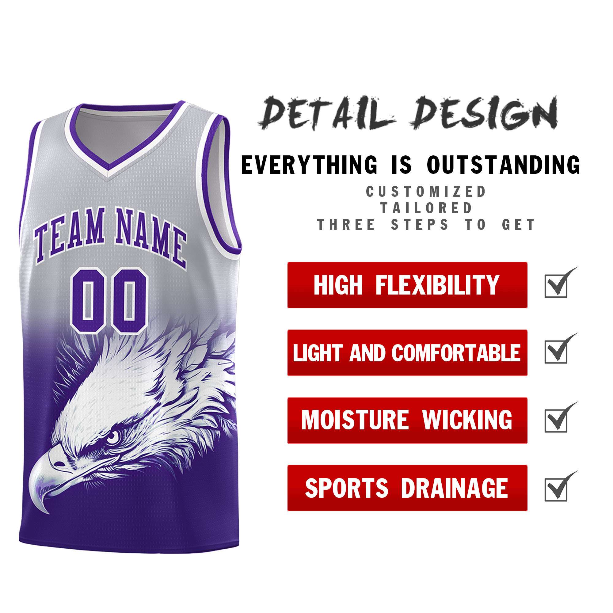 Custom Black Purple Basketball Kits with Eagle Pattern