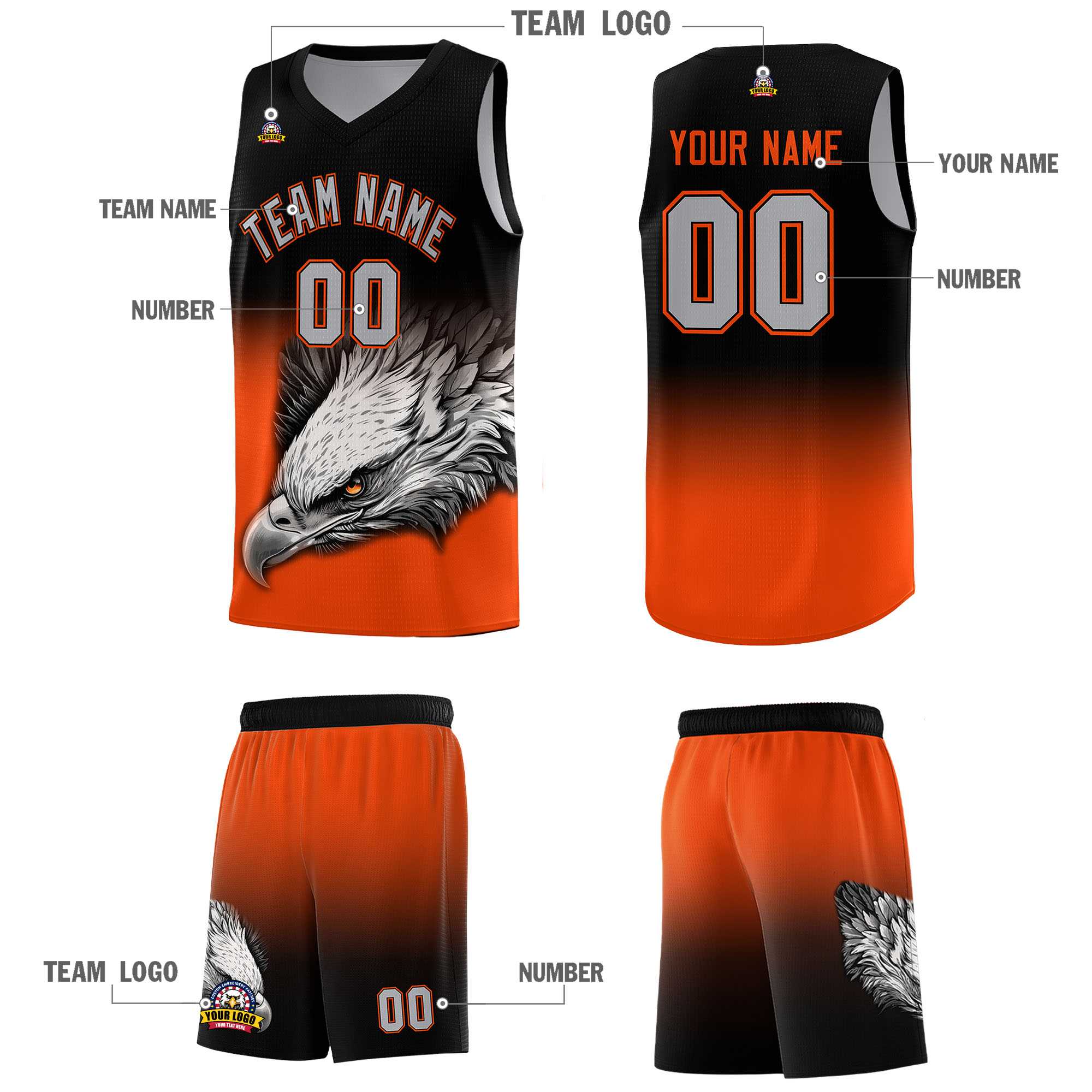 Custom Black Orange Basketball Kits with Eagle Pattern