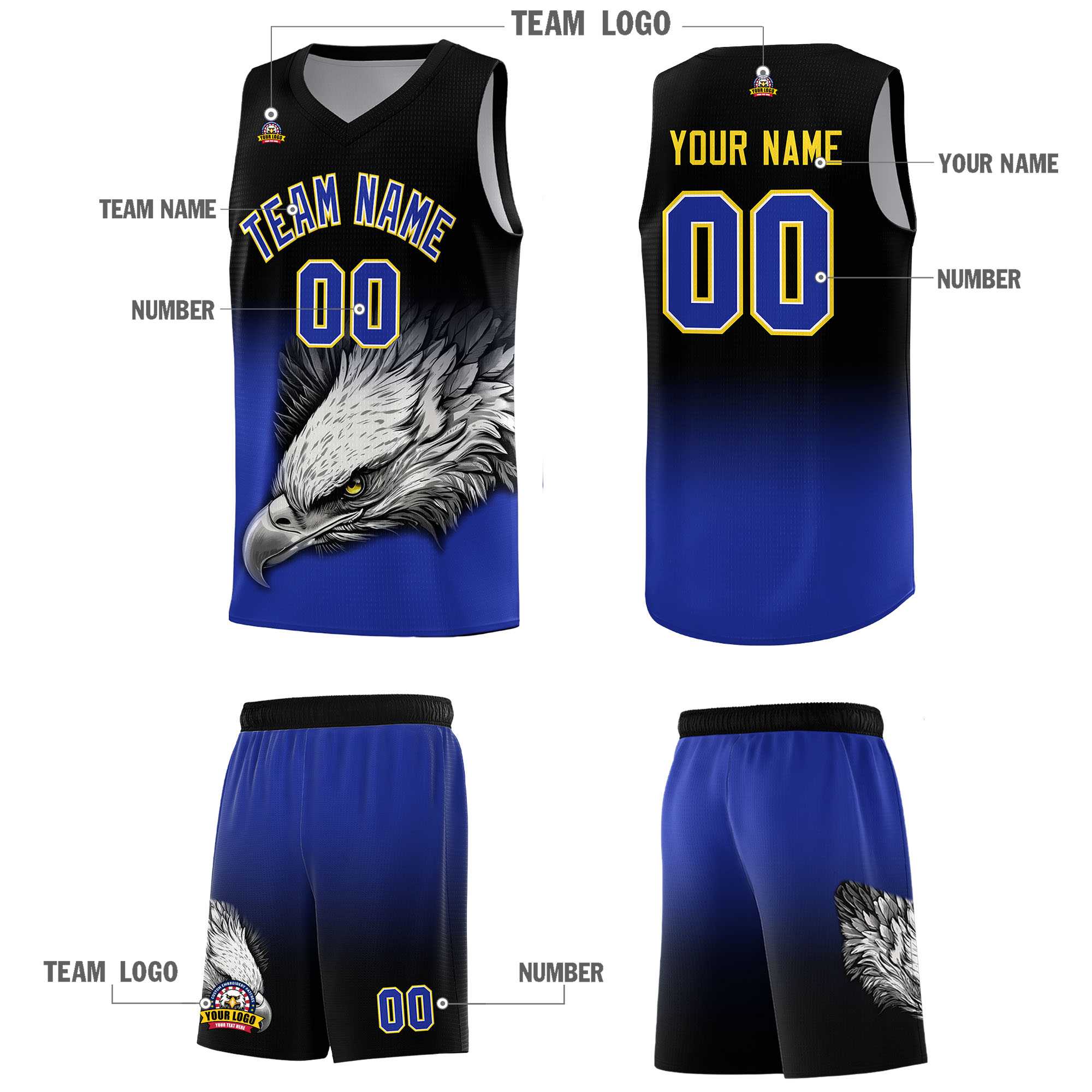 Custom Black Yellow Basketball Kits with Eagle Pattern