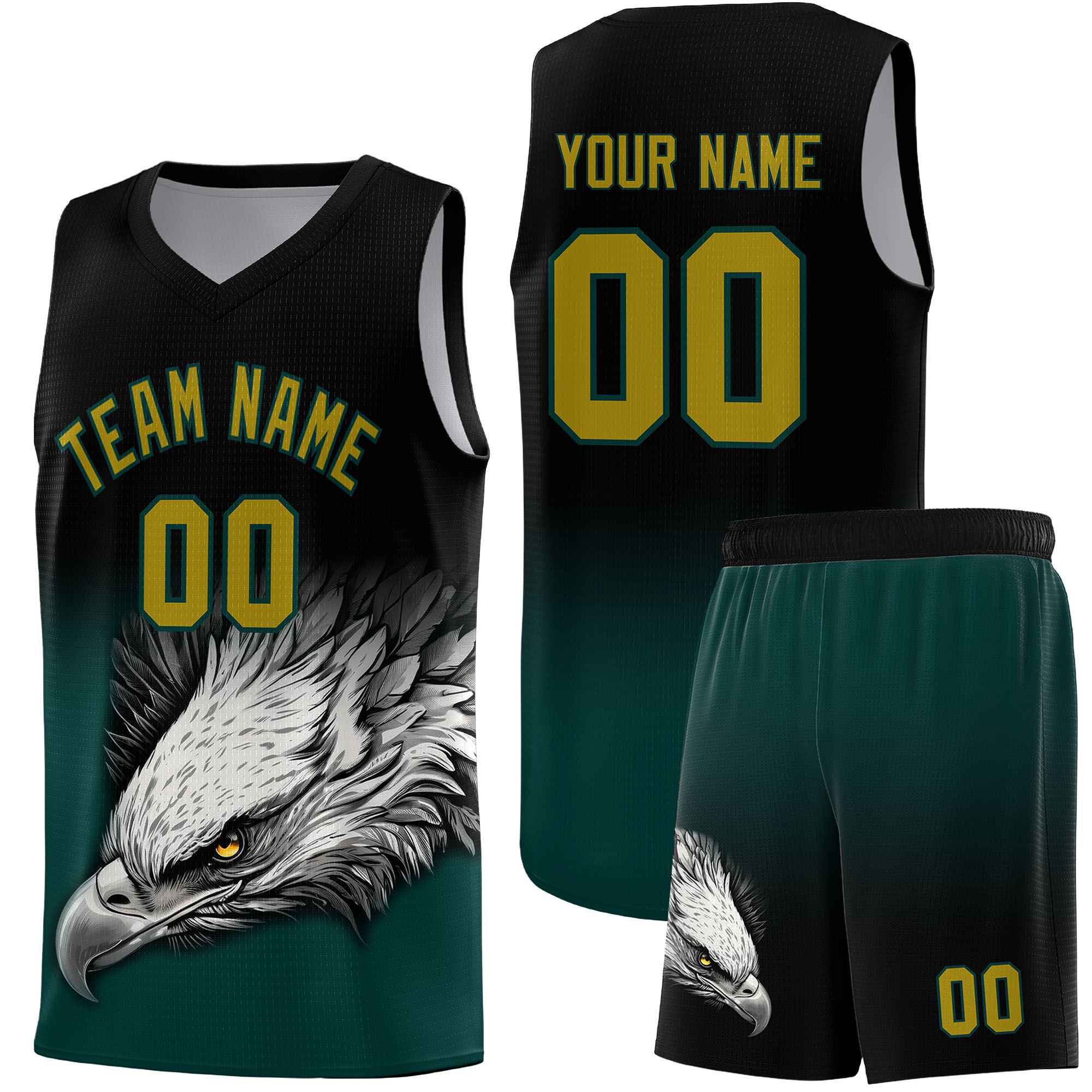 Custom Gray Black Basketball Kits with Eagle Pattern