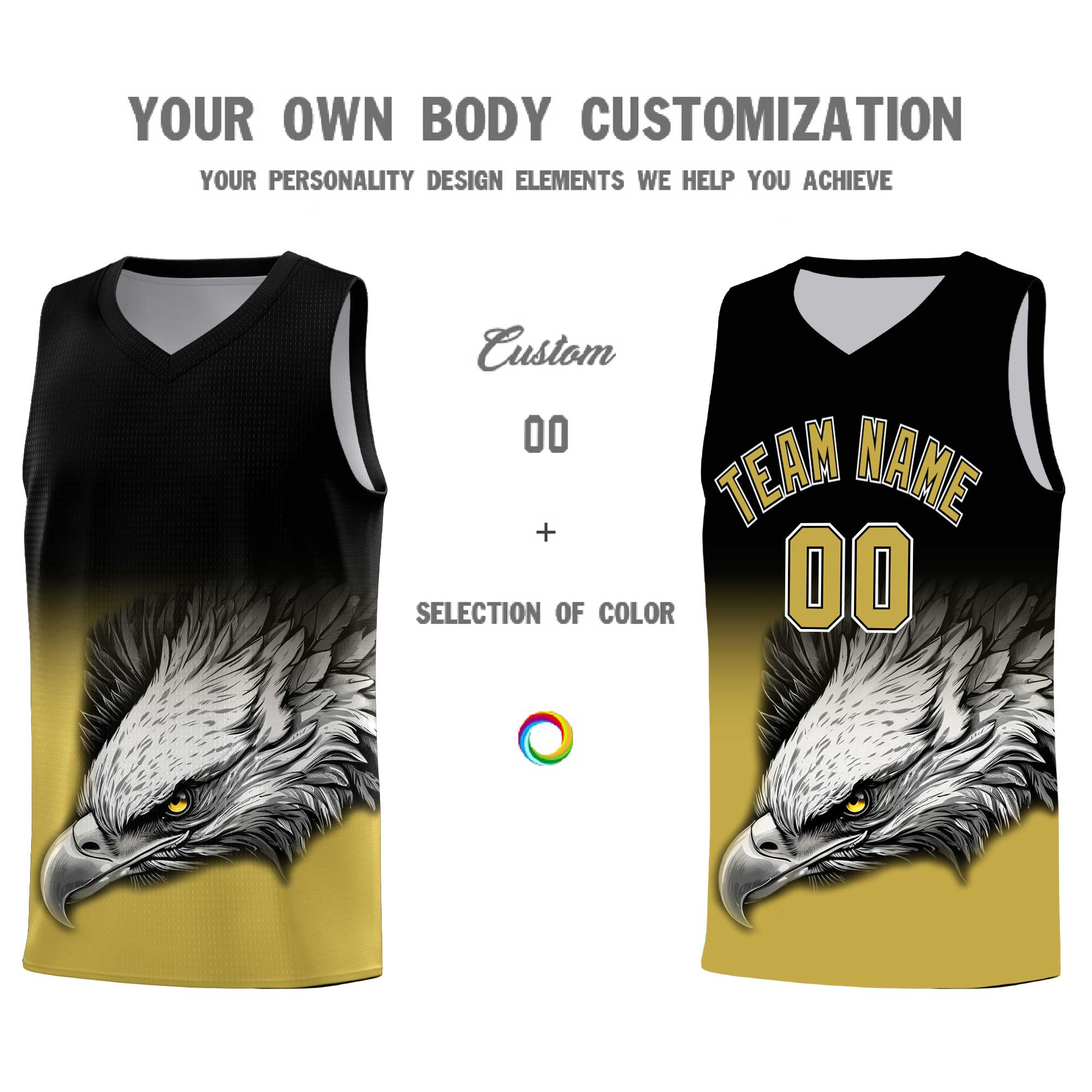 Custom Black Old Gold Basketball Kits with Eagle Pattern