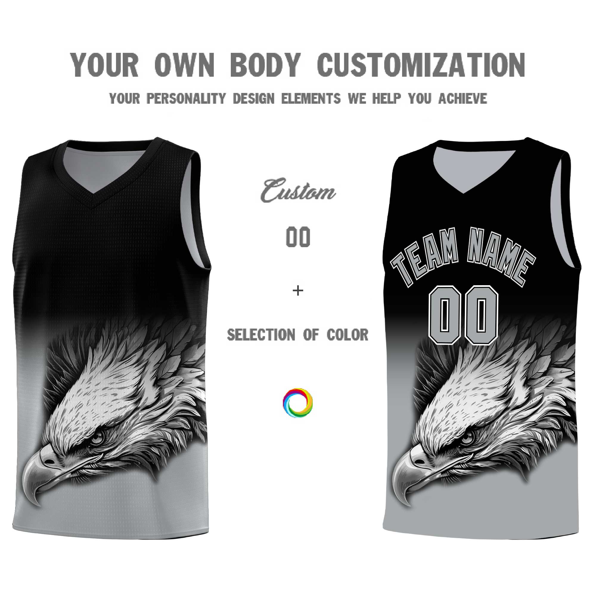 Custom Black Gray Basketball Kits with Eagle Pattern