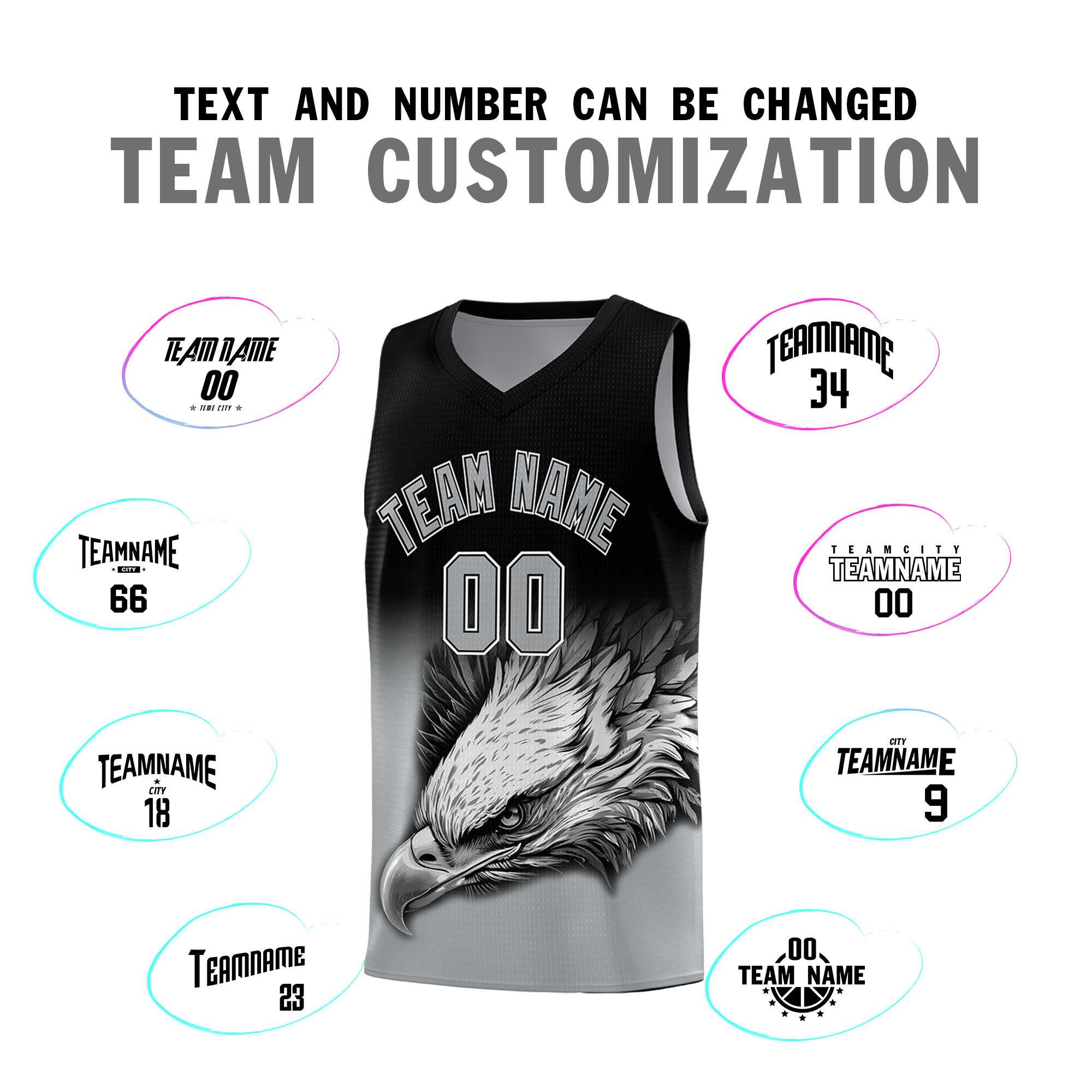 Custom Black Gray Basketball Kits with Eagle Pattern