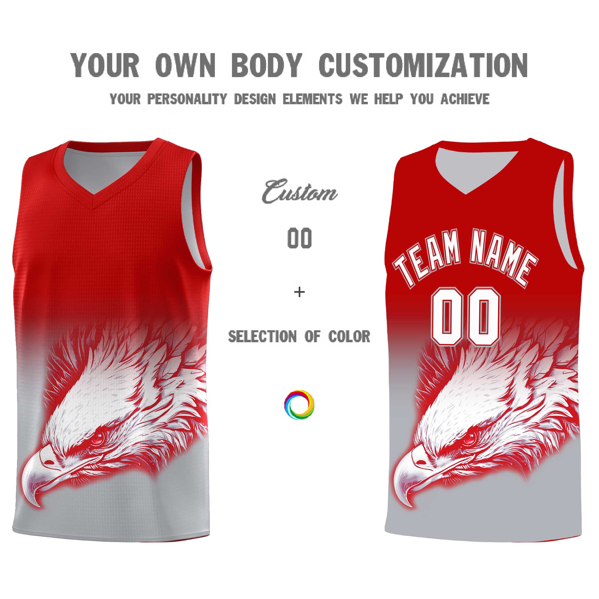 Custom Red Gray Basketball Kits with Eagle Pattern