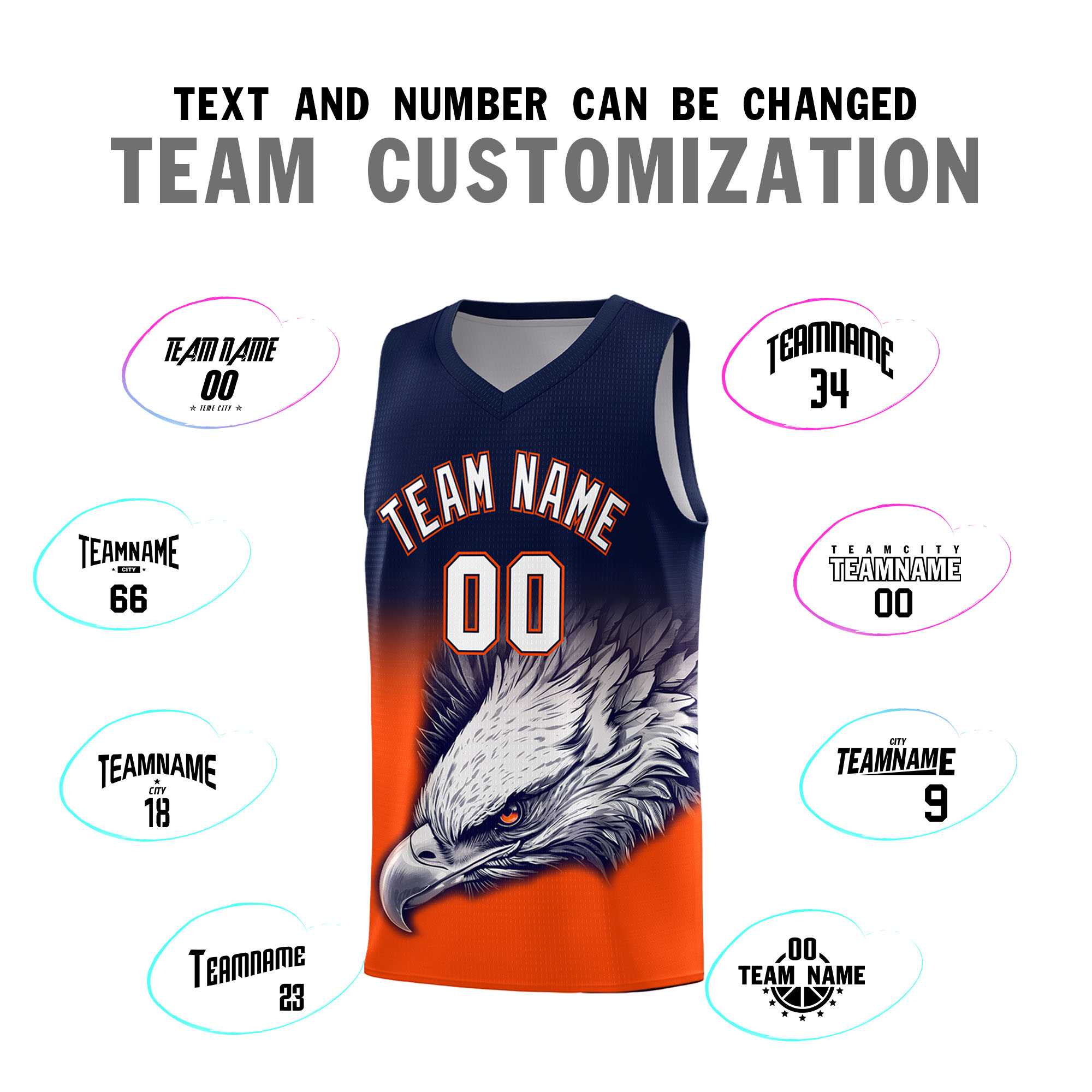 Custom Navy Orange Basketball Kits with Eagle Pattern