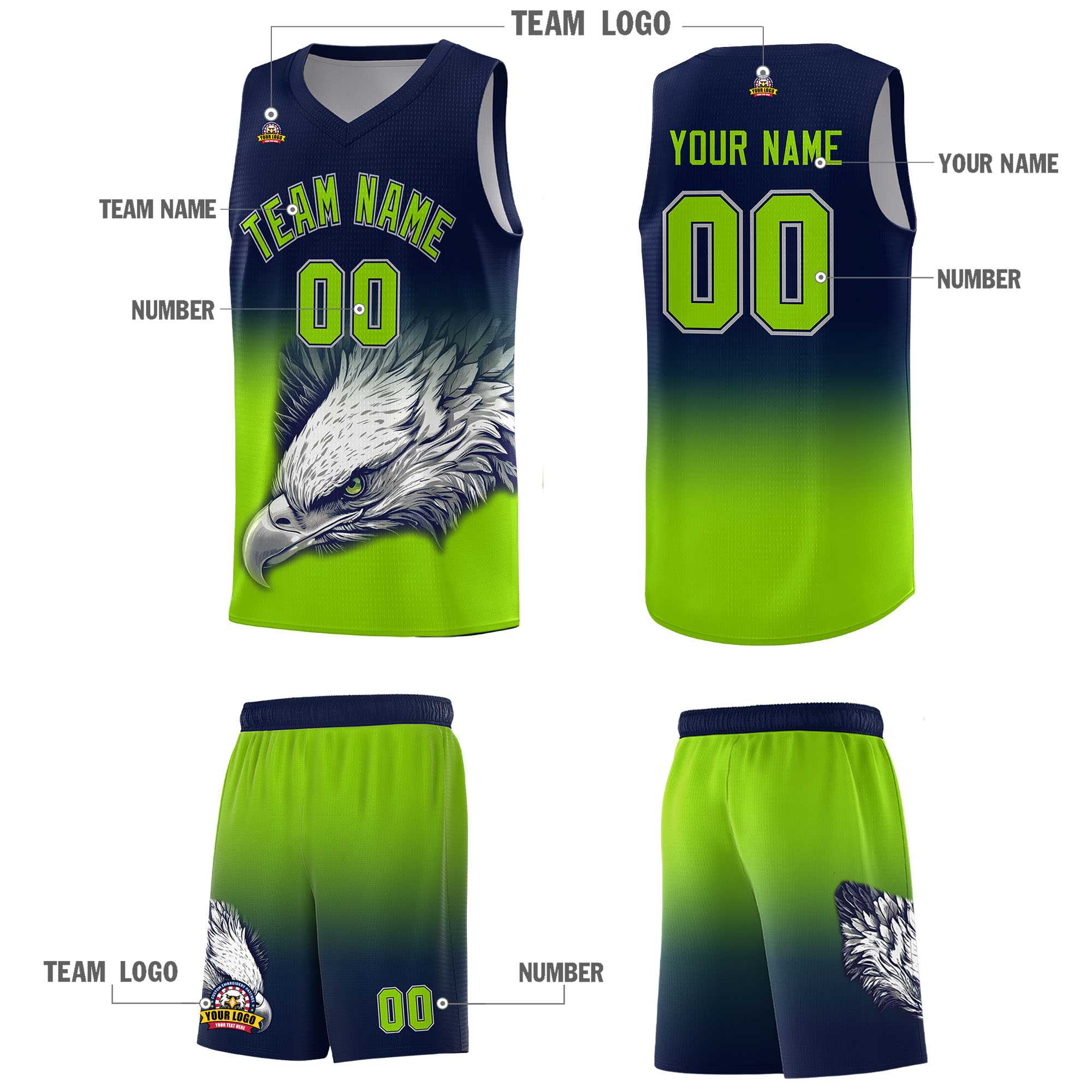 Custom Navy Neon Green Basketball Kits with Eagle Pattern