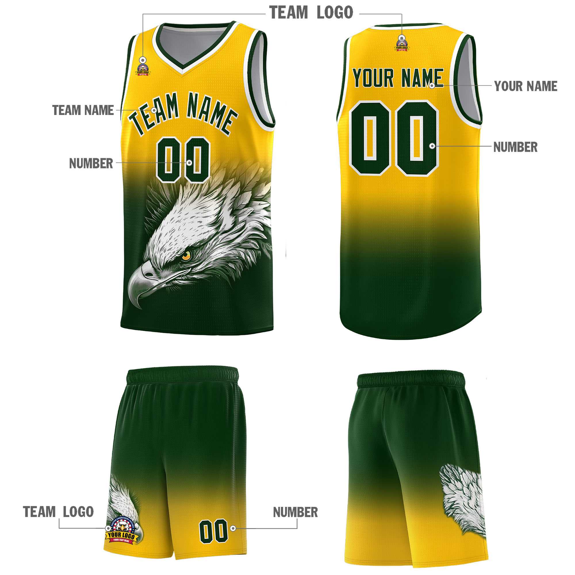 Custom Yellow Green Basketball Kits with Eagle Pattern
