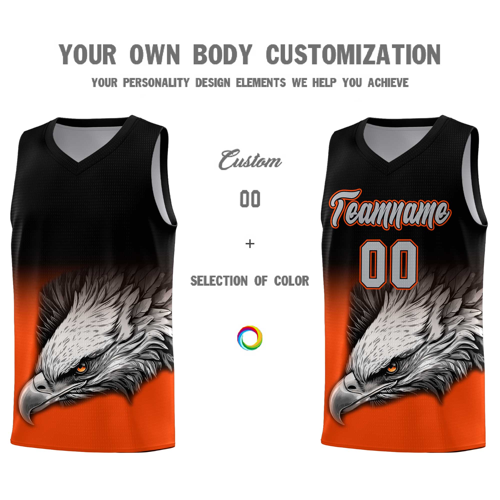 Custom Black Orange Basketball Kits with Eagle Pattern