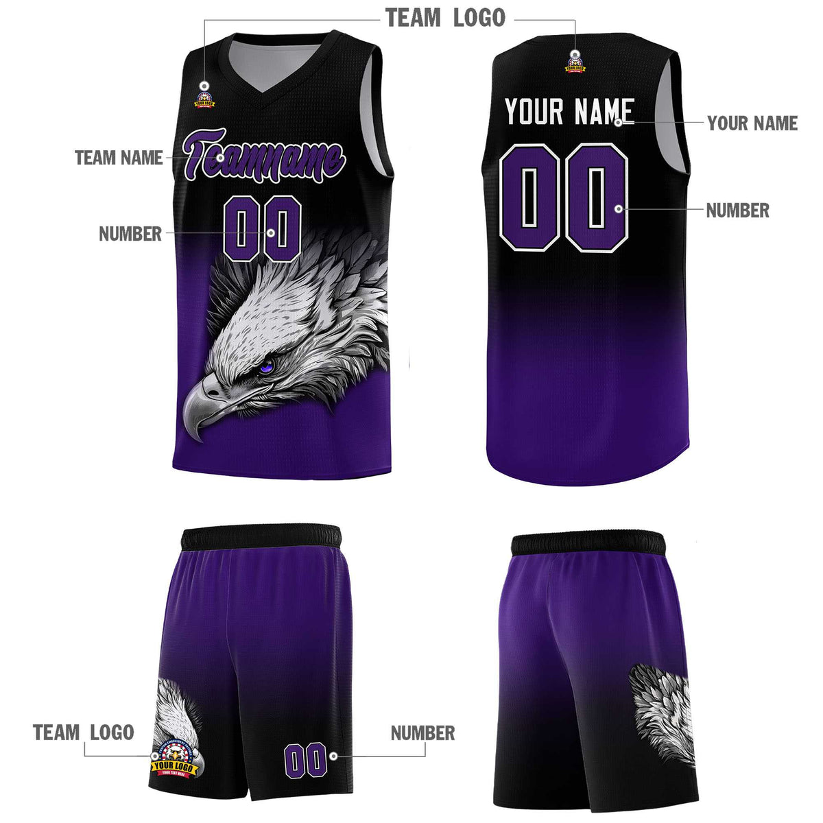 Custom Gray Purple Basketball Kits with Eagle Pattern