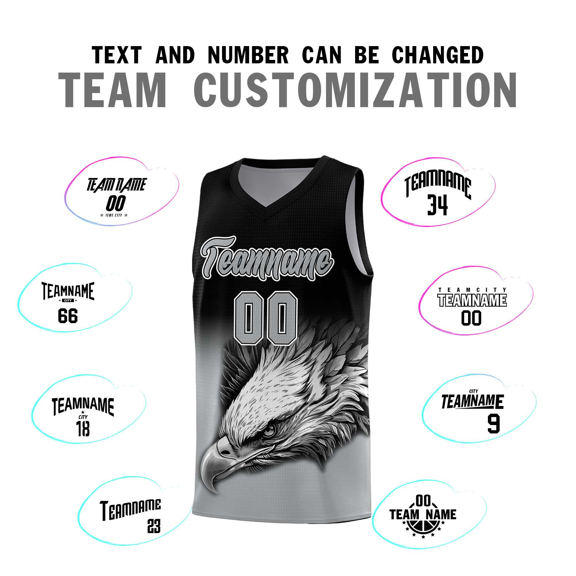Custom Black Gray Basketball Kits with Eagle Pattern