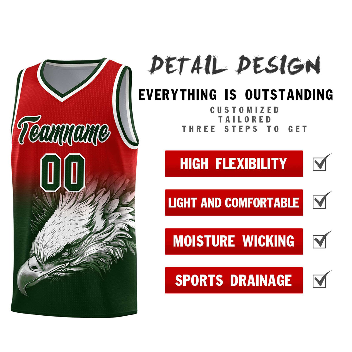 Custom Black Red Basketball Kits with Eagle Pattern