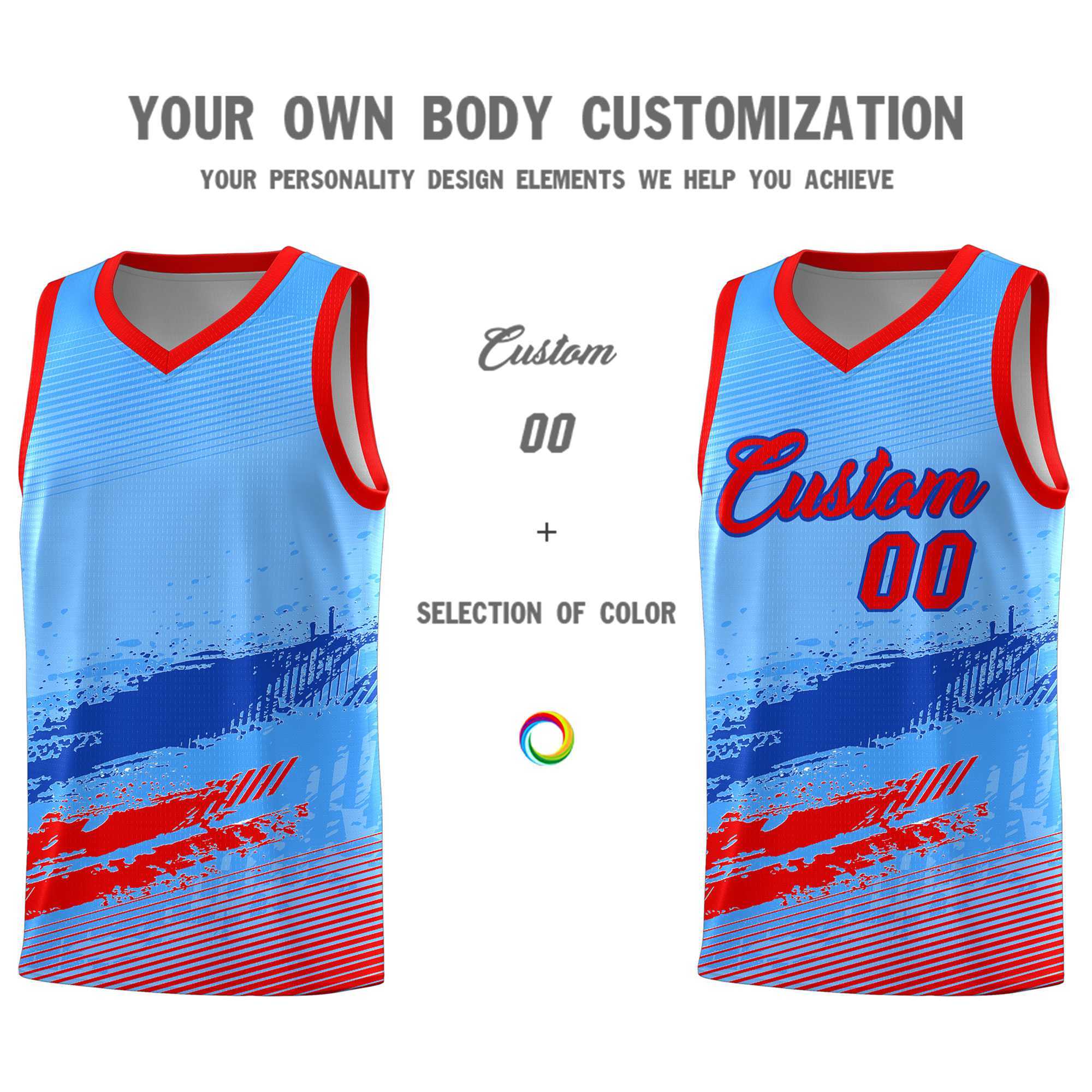 Custom Powder Blue Royal and Red Graffiti Pattern Sports Uniform Basketball Jersey
