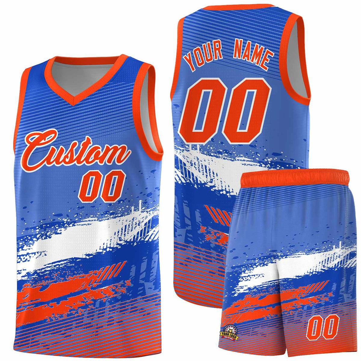 Custom Royal White and Orange Graffiti Pattern Sports Uniform Basketball Jersey