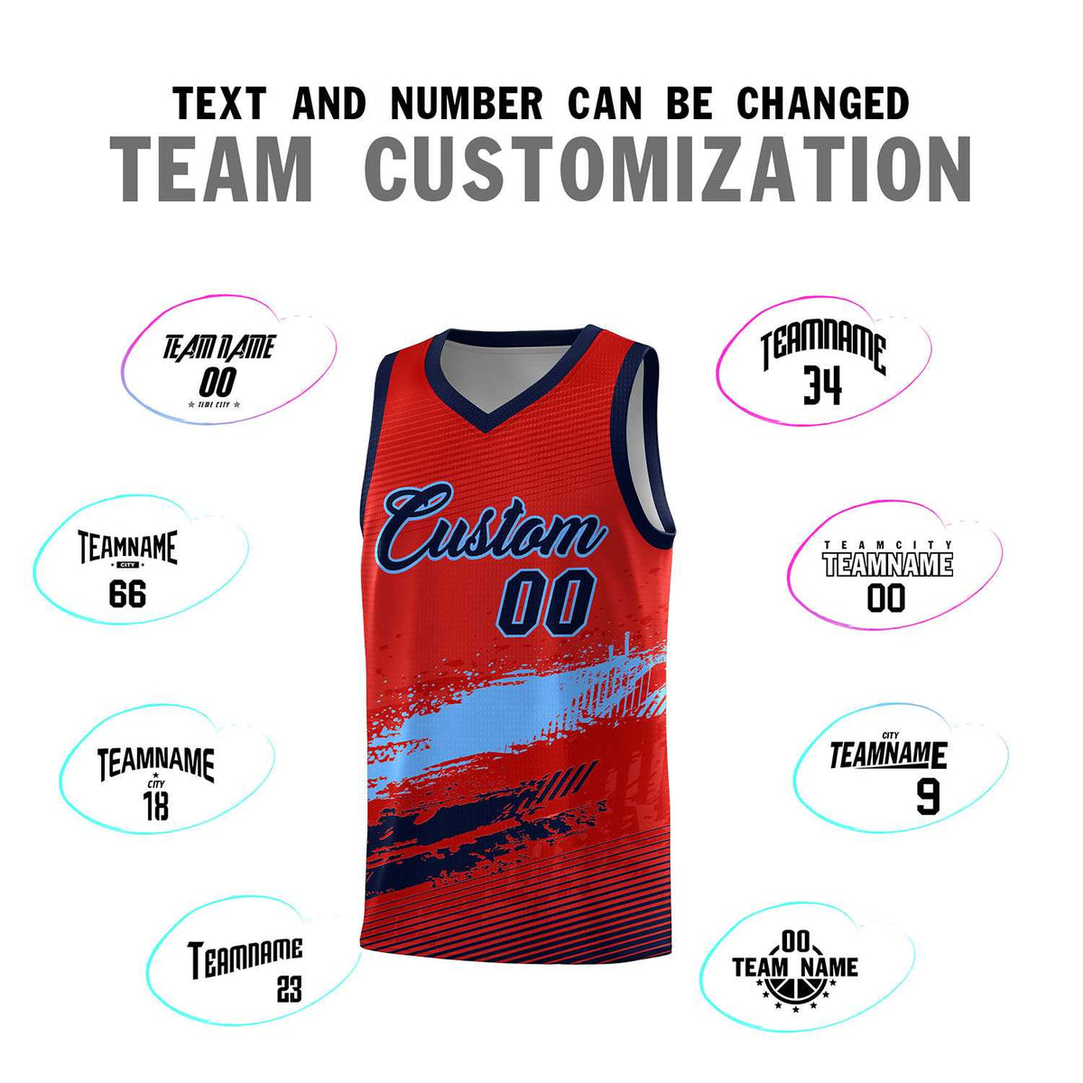 Custom Red Powder Blue and Navy Graffiti Pattern Sports Uniform Basketball Jersey
