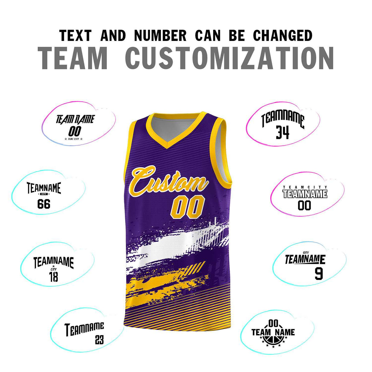 Custom Purple White and Yellow Graffiti Pattern Sports Uniform Basketball Jersey