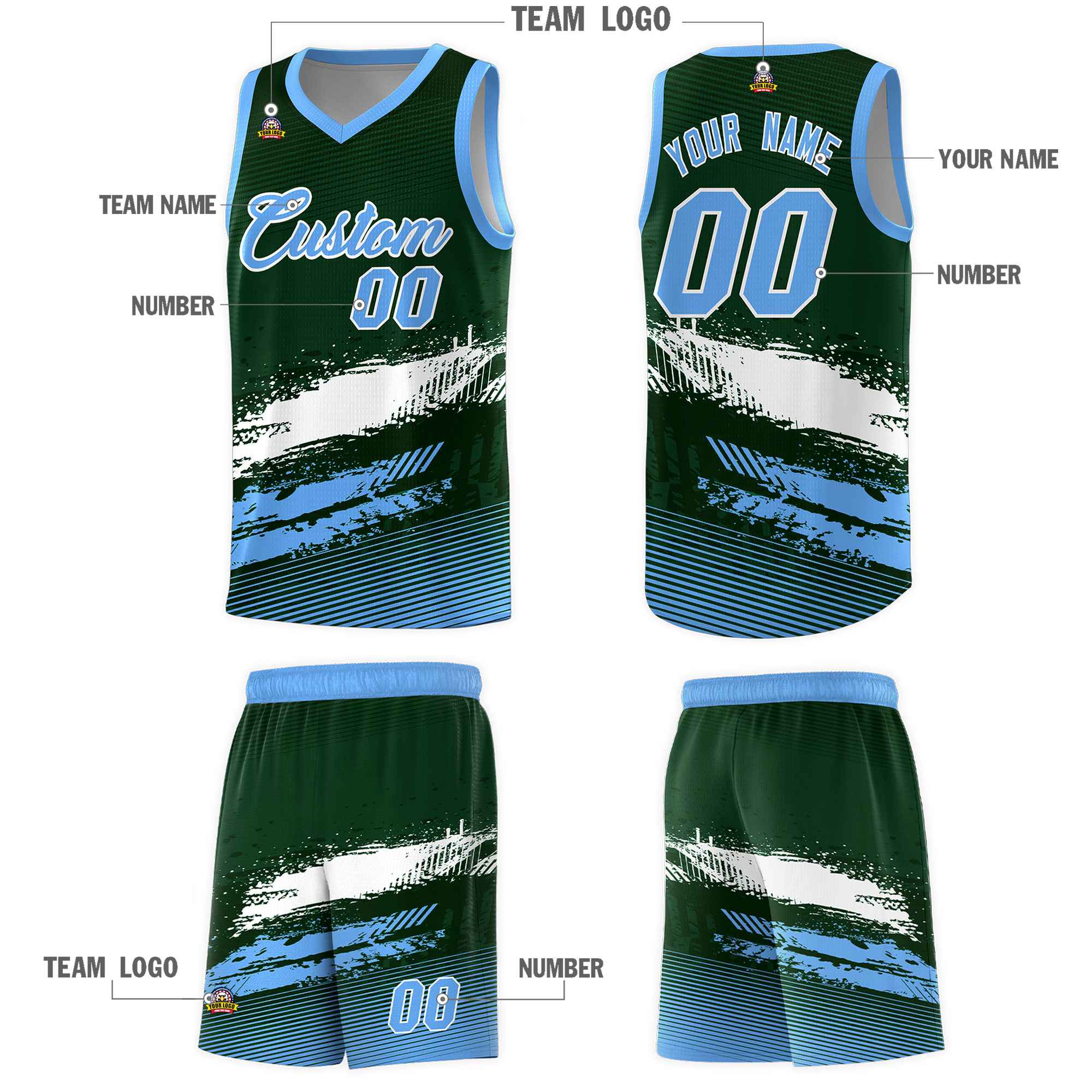 Custom Green White and Powder Blue Graffiti Pattern Sports Uniform Basketball Jersey