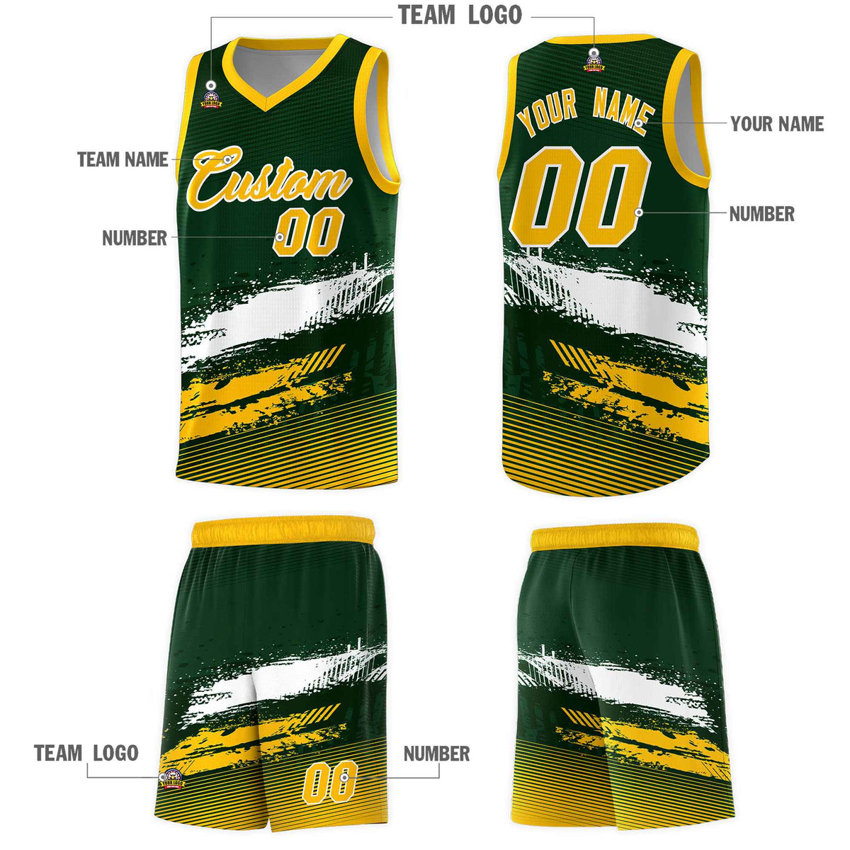 Custom Green White and Yellow Graffiti Pattern Sports Uniform Basketball Jersey