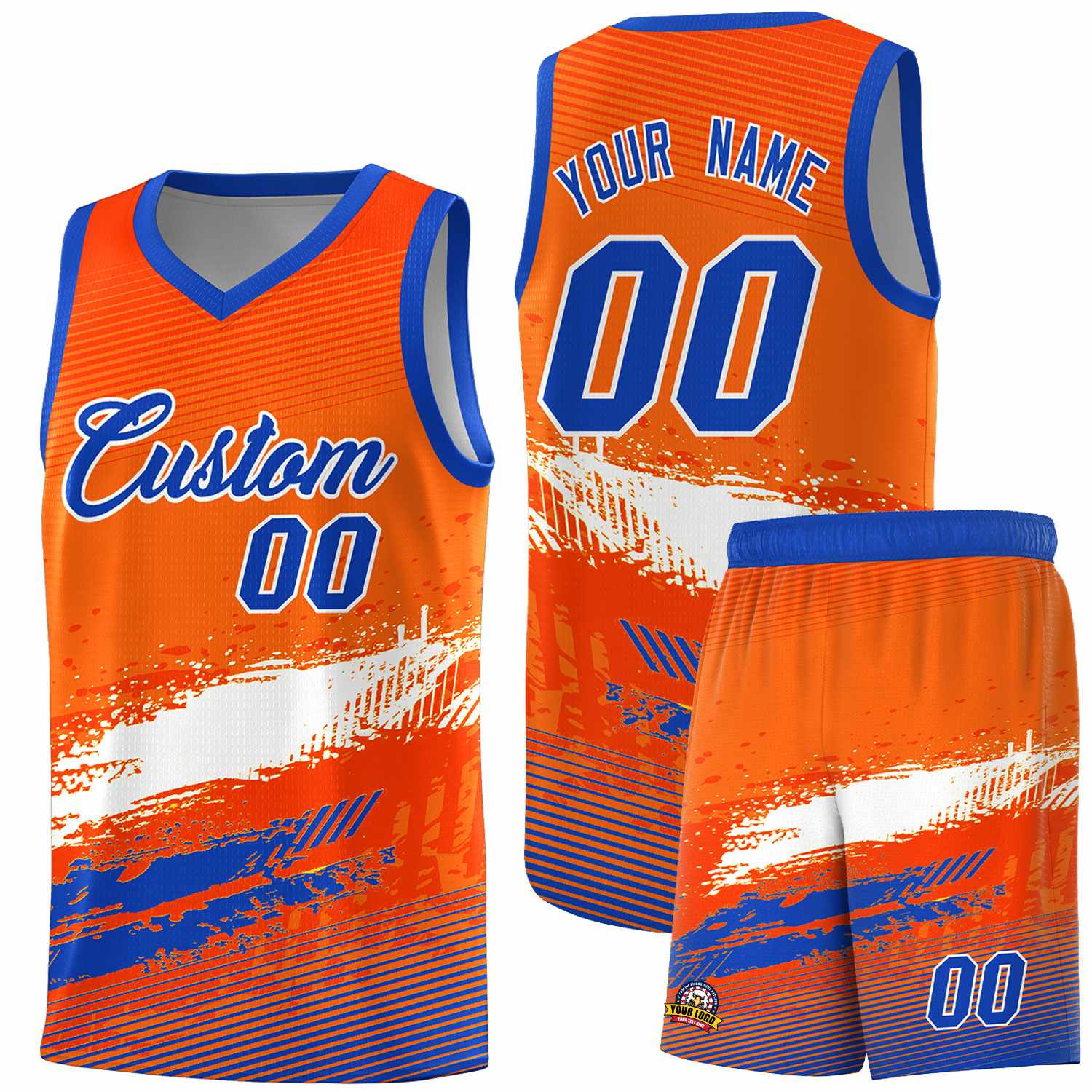 Custom Orange White and Royal Graffiti Pattern Sports Uniform Basketball Jersey
