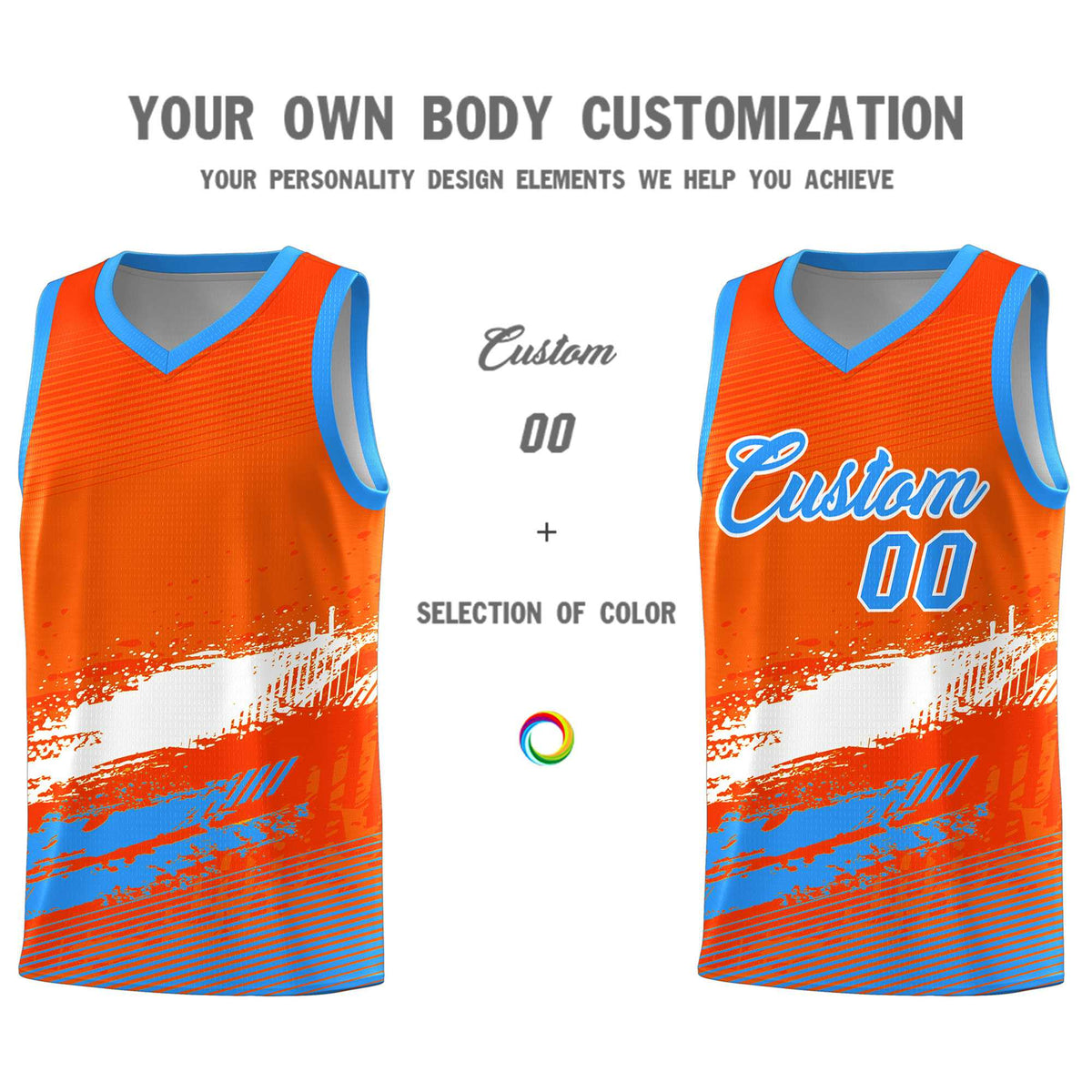 Custom Orange White and Powder Blue Graffiti Pattern Sports Uniform Basketball Jersey