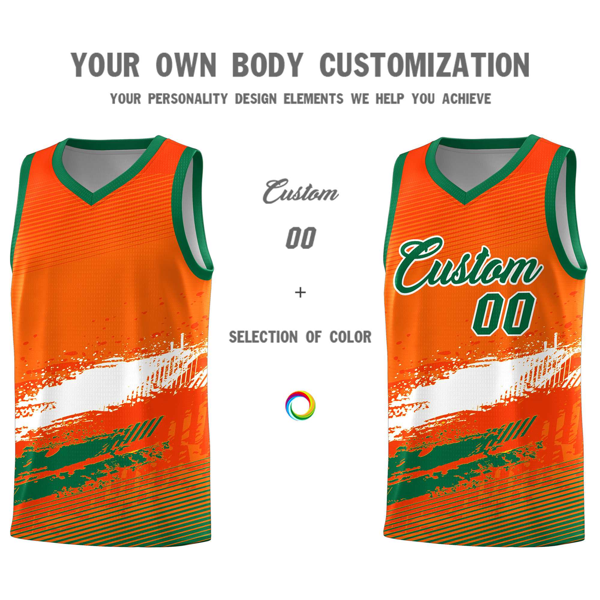 Custom Orange White and Kelly Green Graffiti Pattern Sports Uniform Basketball Jersey