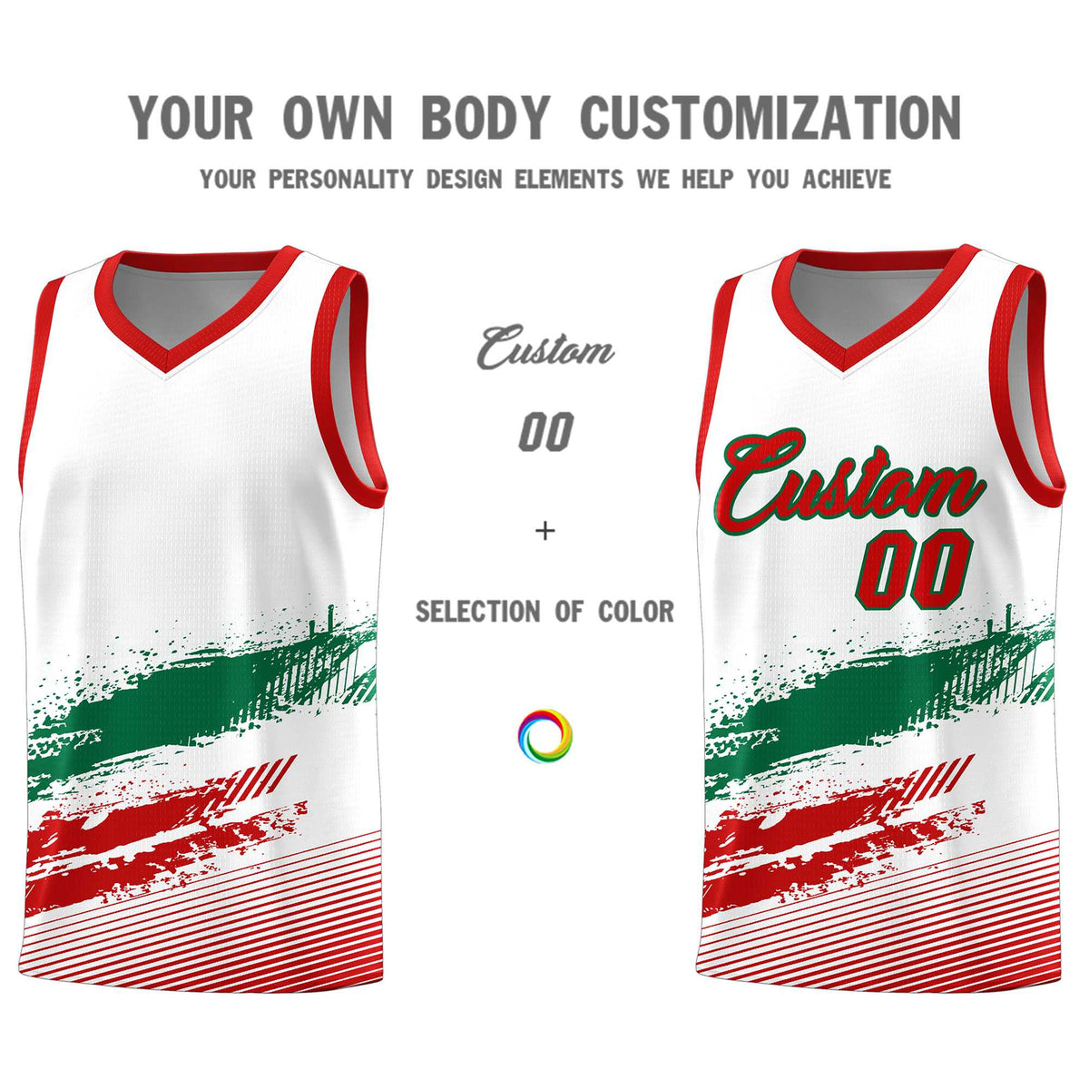 Custom White Kelly Green and Red Graffiti Pattern Sports Uniform Basketball Jersey
