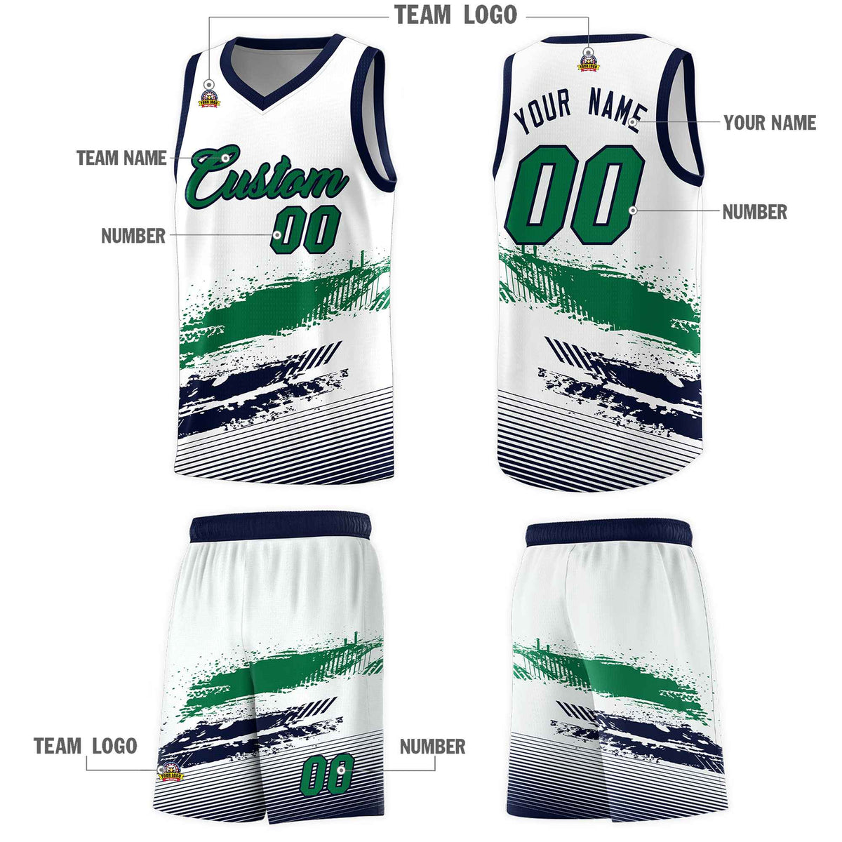 Custom White Kelly Green and Navy Graffiti Pattern Sports Uniform Basketball Jersey